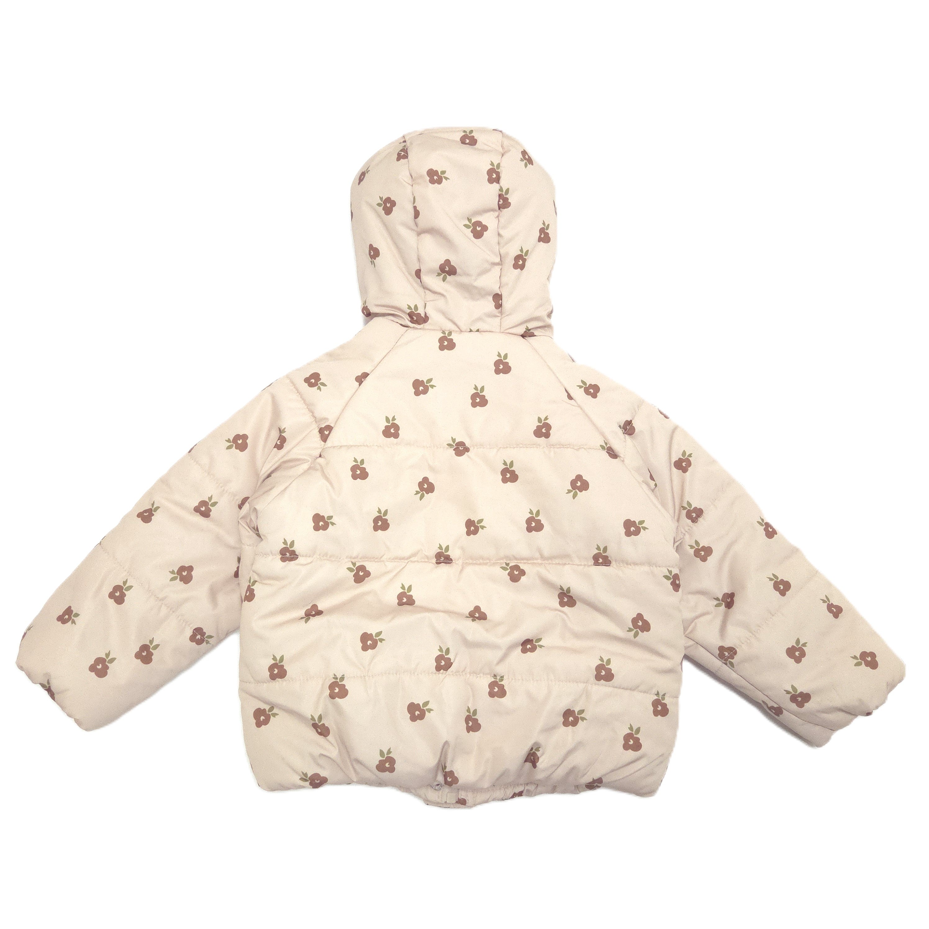 A beige hooded puffer jacket with an all-over brown flower print, shown flat against a white background back image