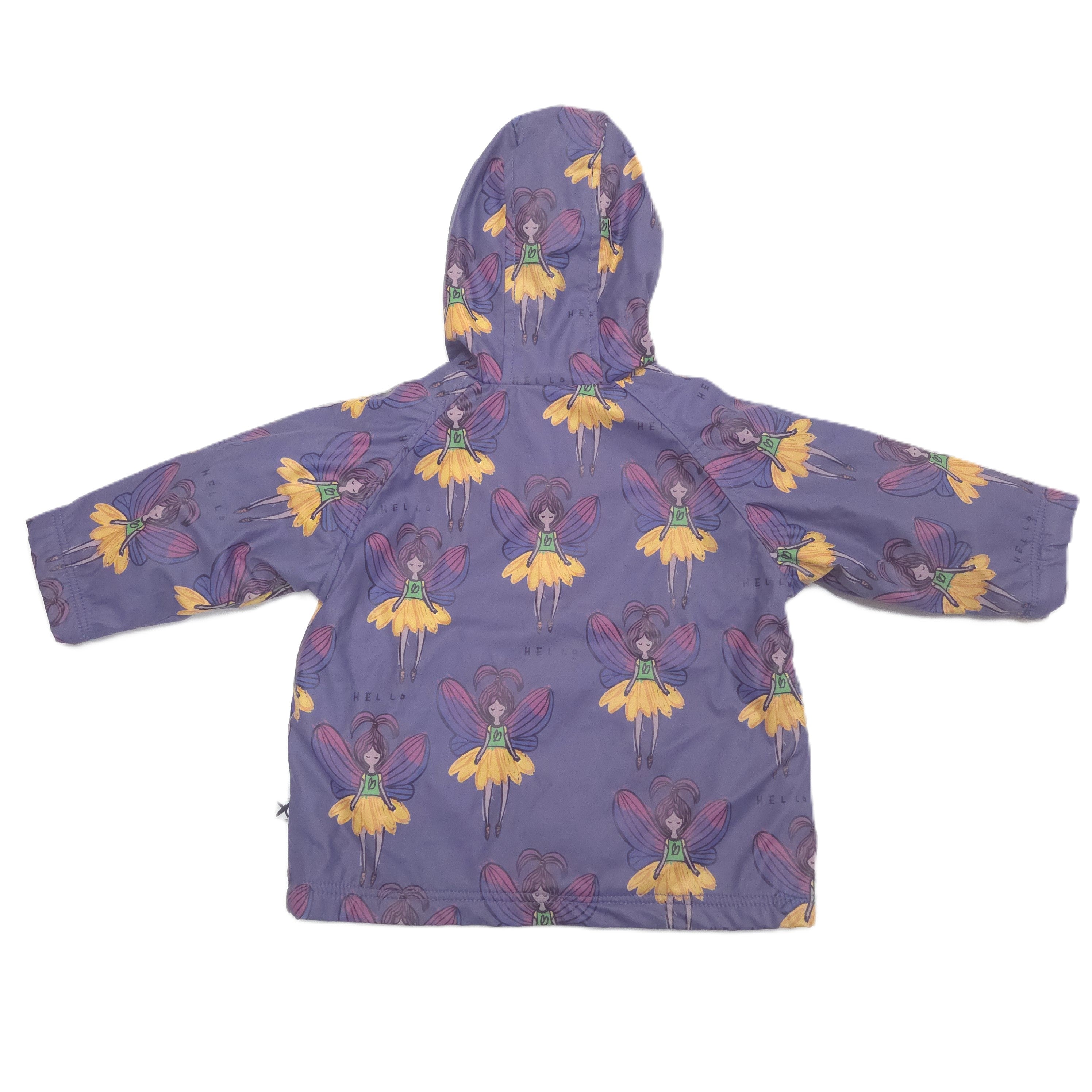 A children's hooded jacket in a muted purple color, featuring an allover print of fairies with yellow dresses and purple wings, laid flat against a white background.