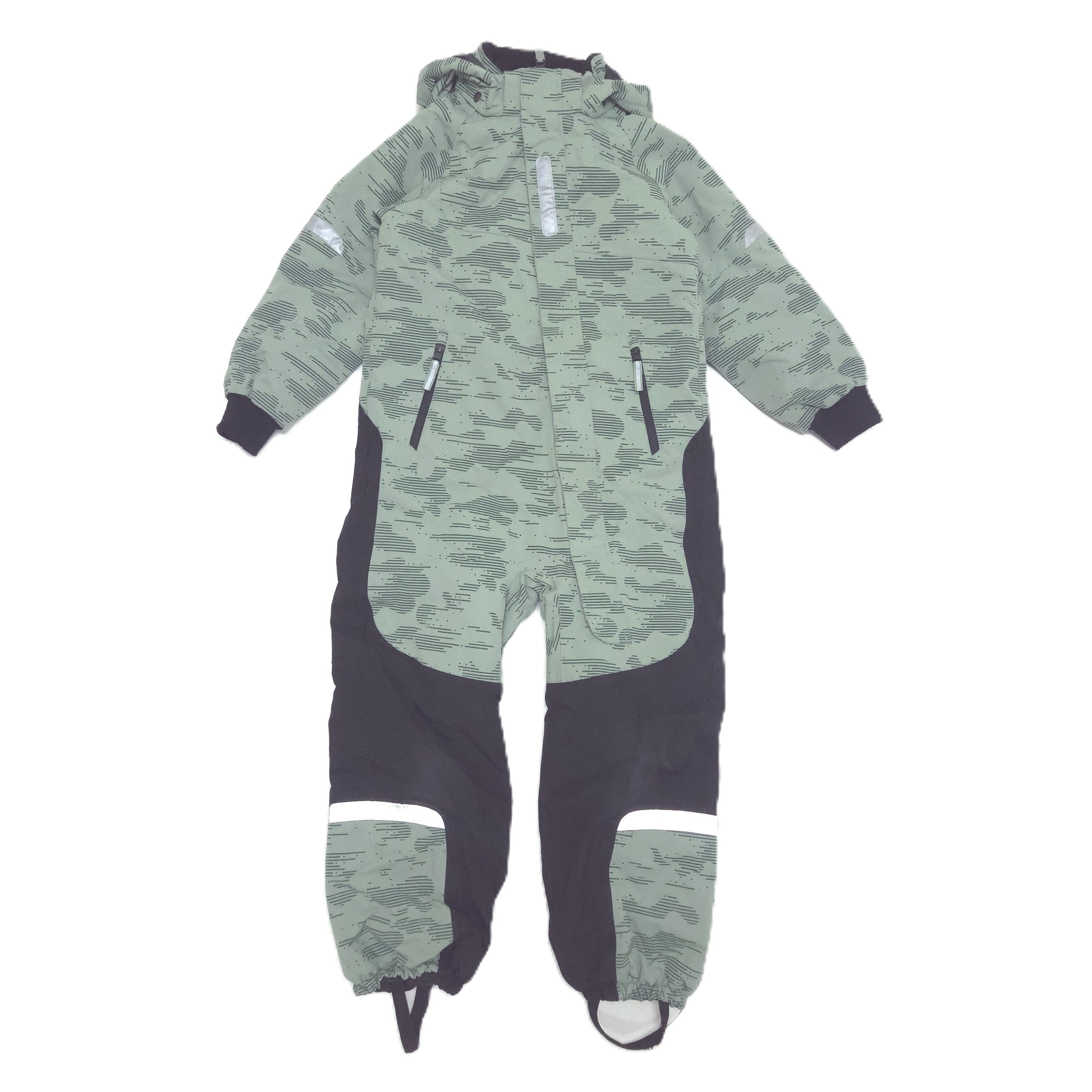 A hooded snowsuit in a sage green and black camouflage pattern, featuring solid black side panels and black cuffs, shown against a plain white background.