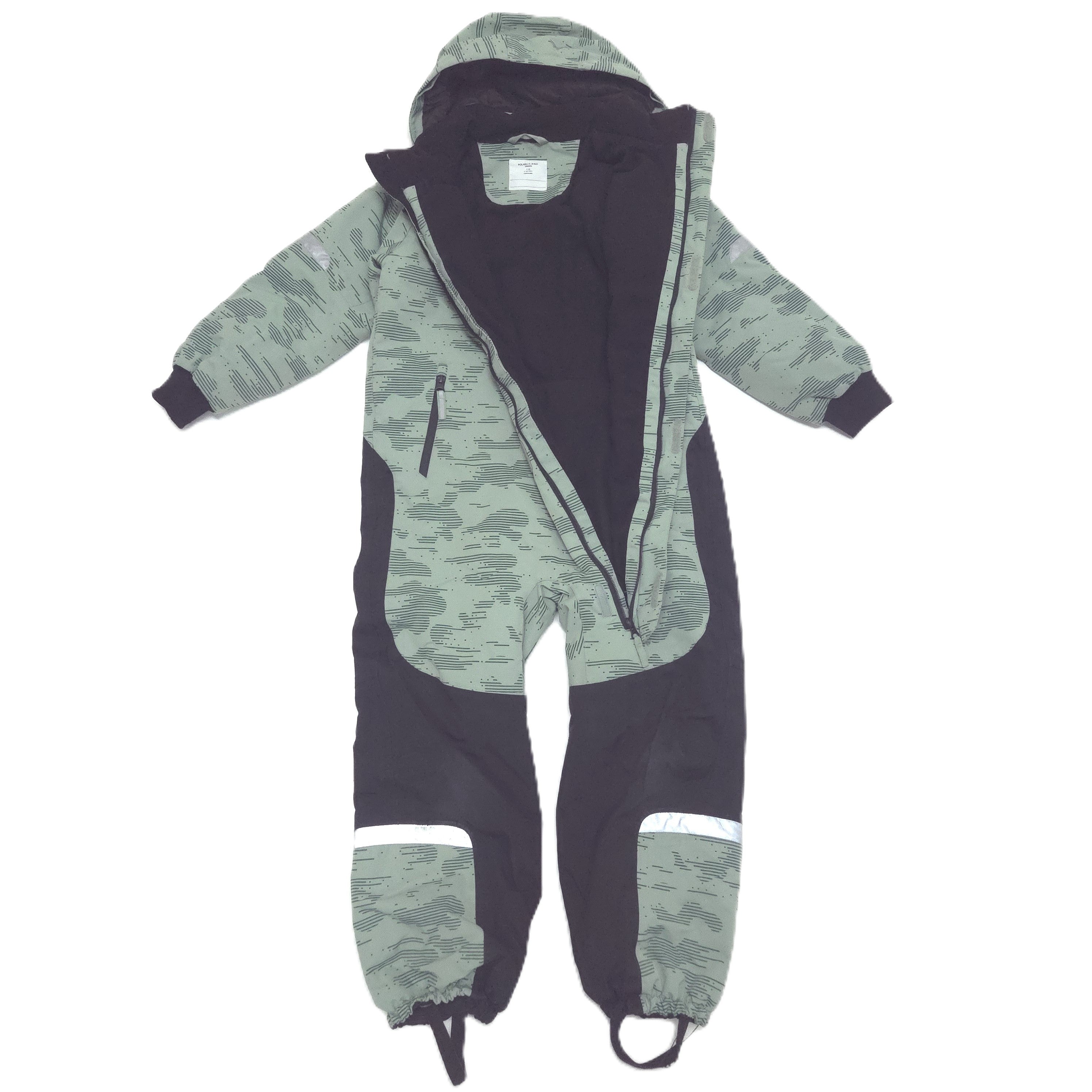 A hooded snowsuit in a sage green and black camouflage pattern, featuring solid black side panels and black cuffs, shown against a plain white background.