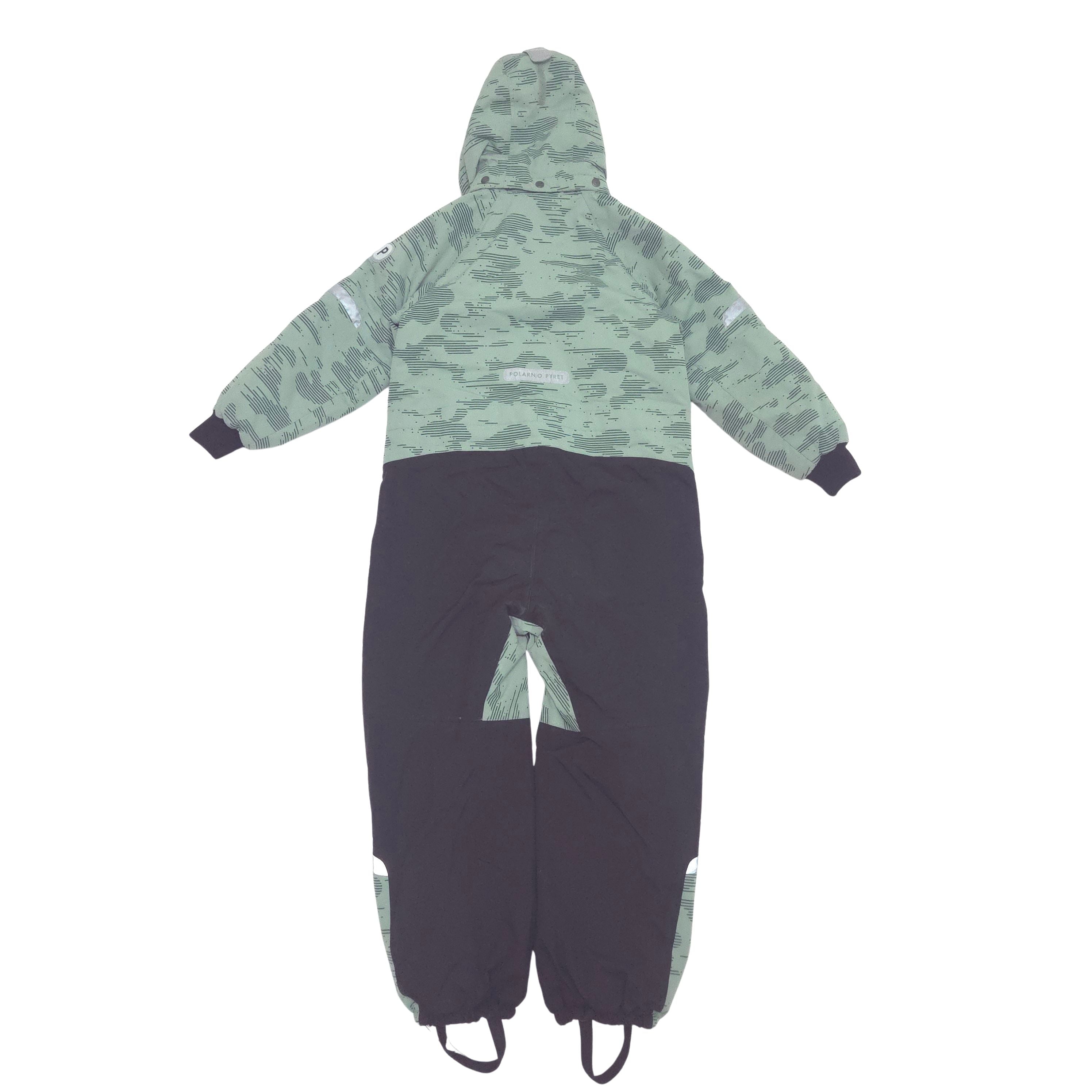 A hooded snowsuit in a sage green and black camouflage pattern, featuring solid black side panels and black cuffs, shown against a plain white background back image