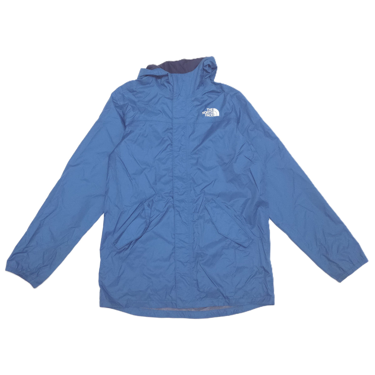 A blue hooded rain jacket from The North Face, laid flat against a white background.