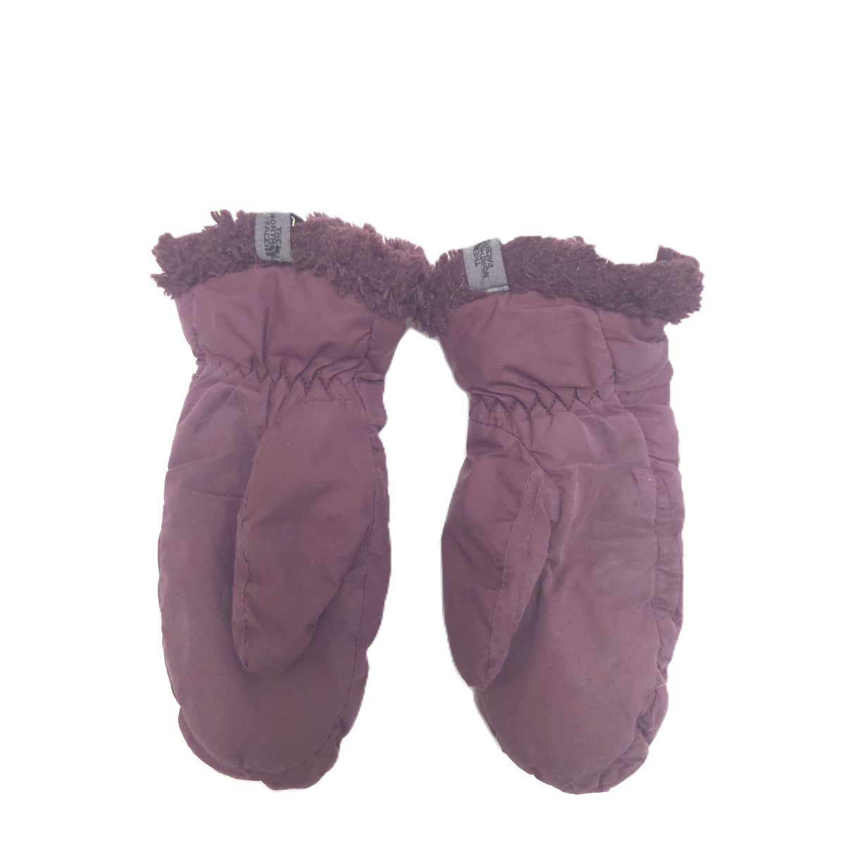 A pair of dusty mauve quilted mittens with a fuzzy faux-fur trim at the cuff, shown against a plain white background.