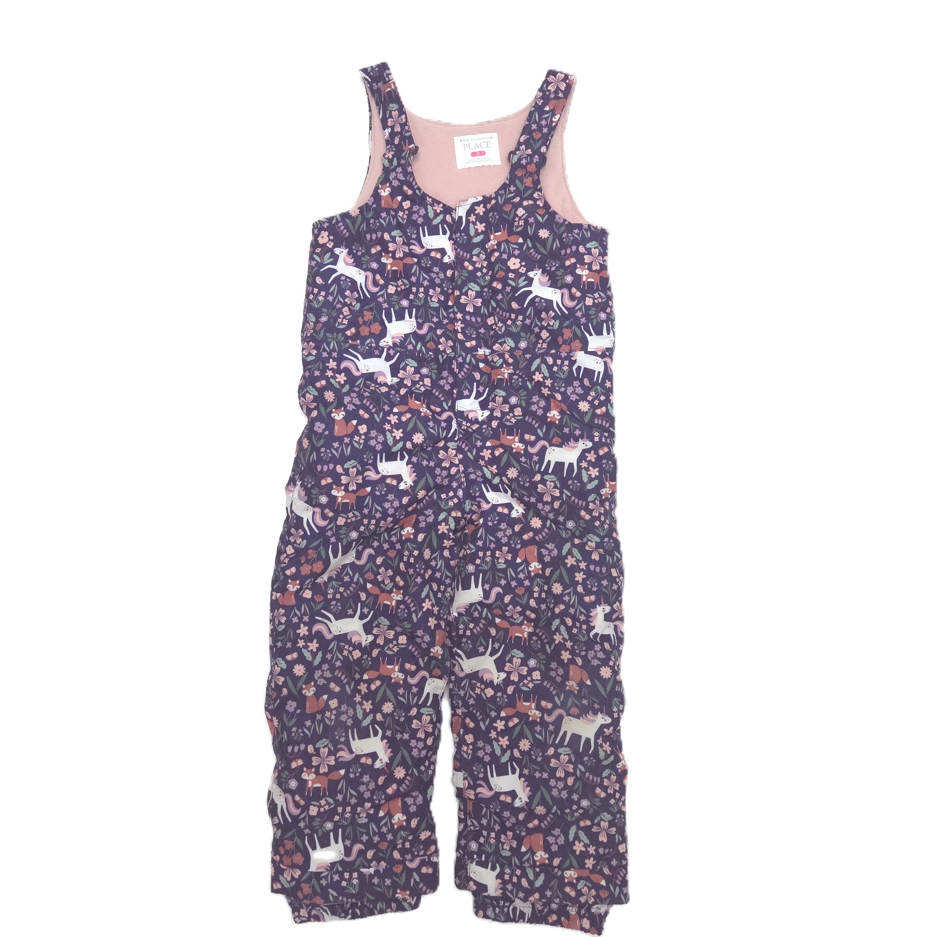 A snowpants with a dark purple background covered in a dense pattern of white deer, pink flowers, and small orange leaves, shown against a plain white background.