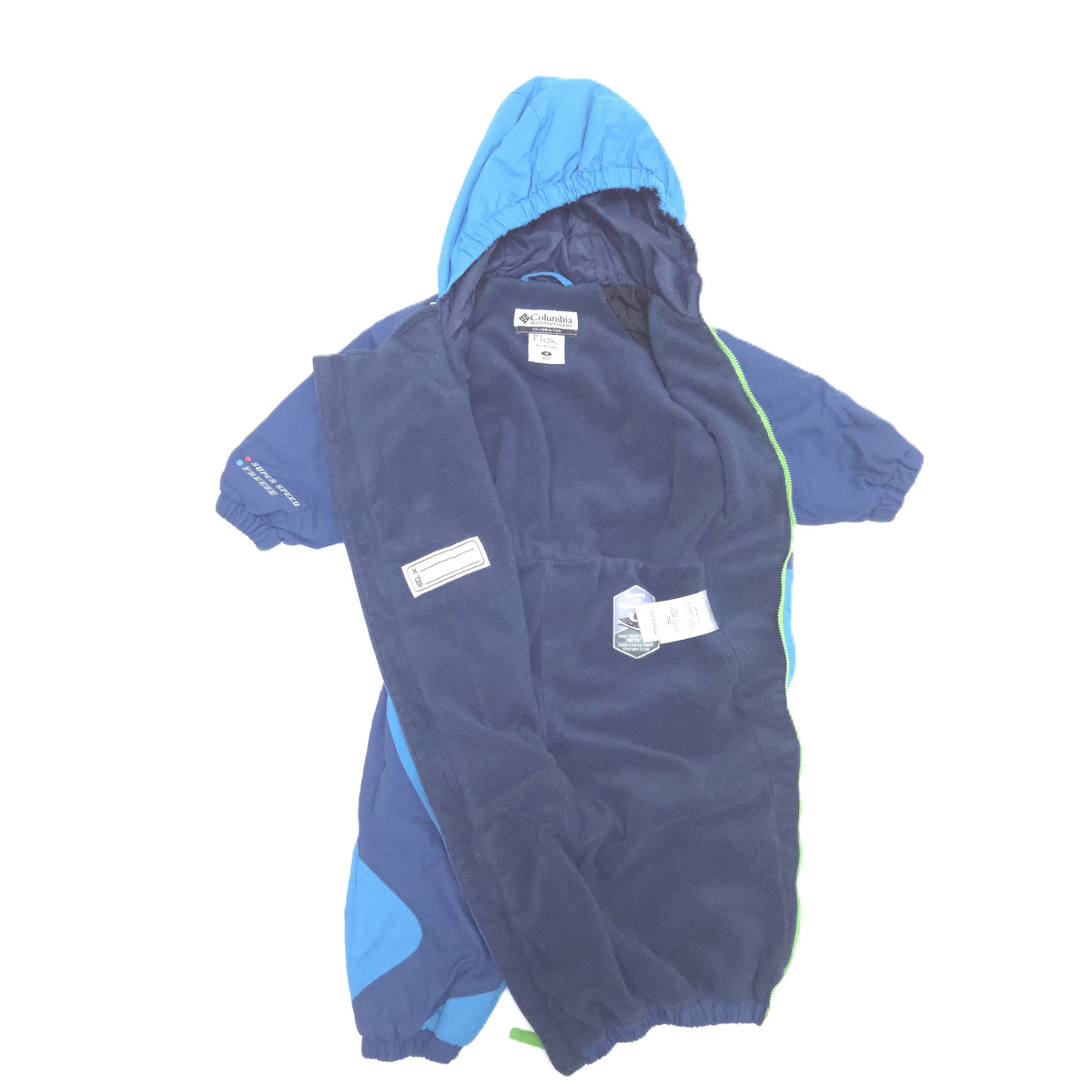 A baby hooded one-piece snowsuit in navy blue and bright blue, laid flat on a white background. The suit features a hood, short sleeves, elastic cuffs, and a front pocket with a price tag attached.