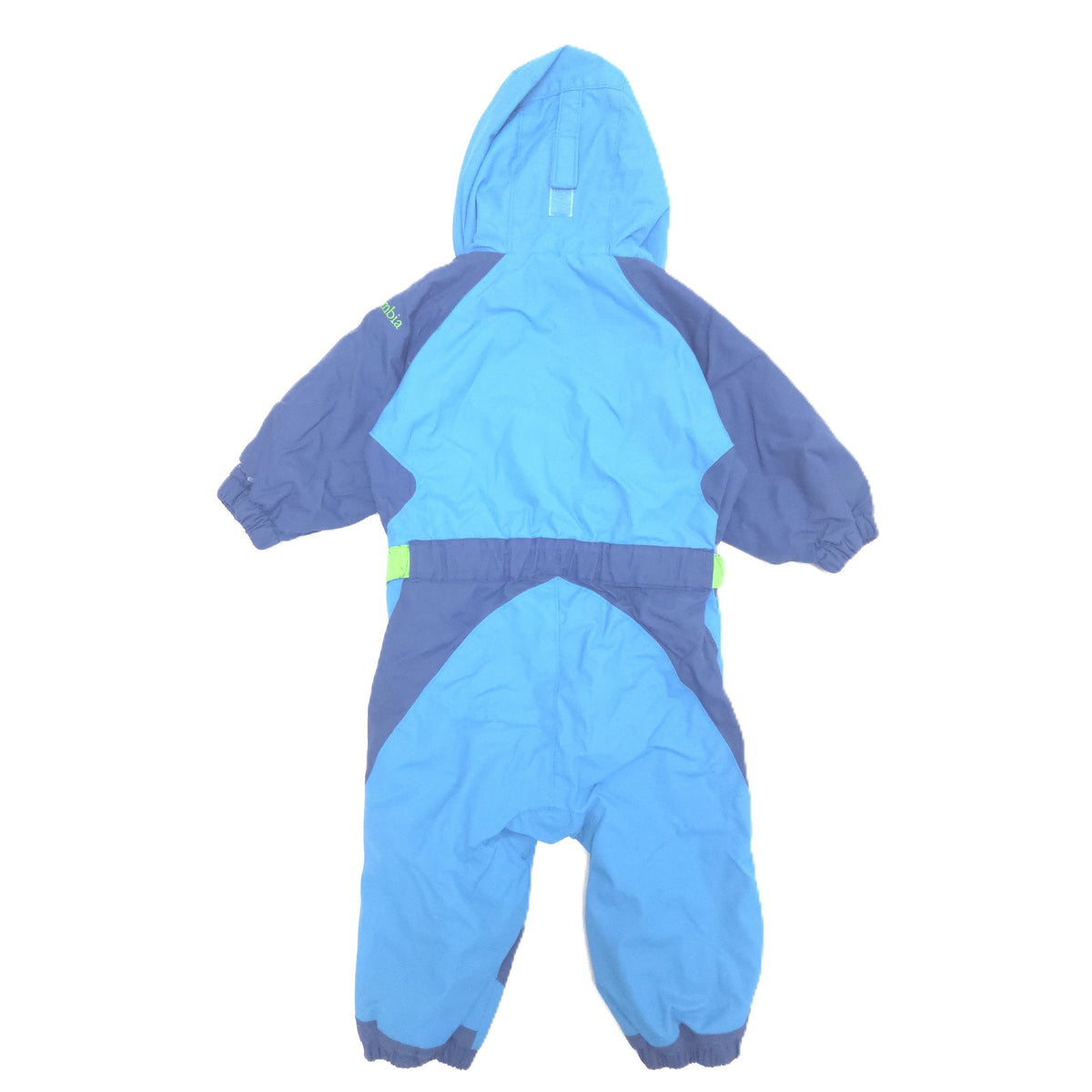 A children's hooded snowsuit shown from the back, featuring a light blue body with dark blue panels on the shoulders, sleeves, and lower legs, and a small lime green accent near the waist.