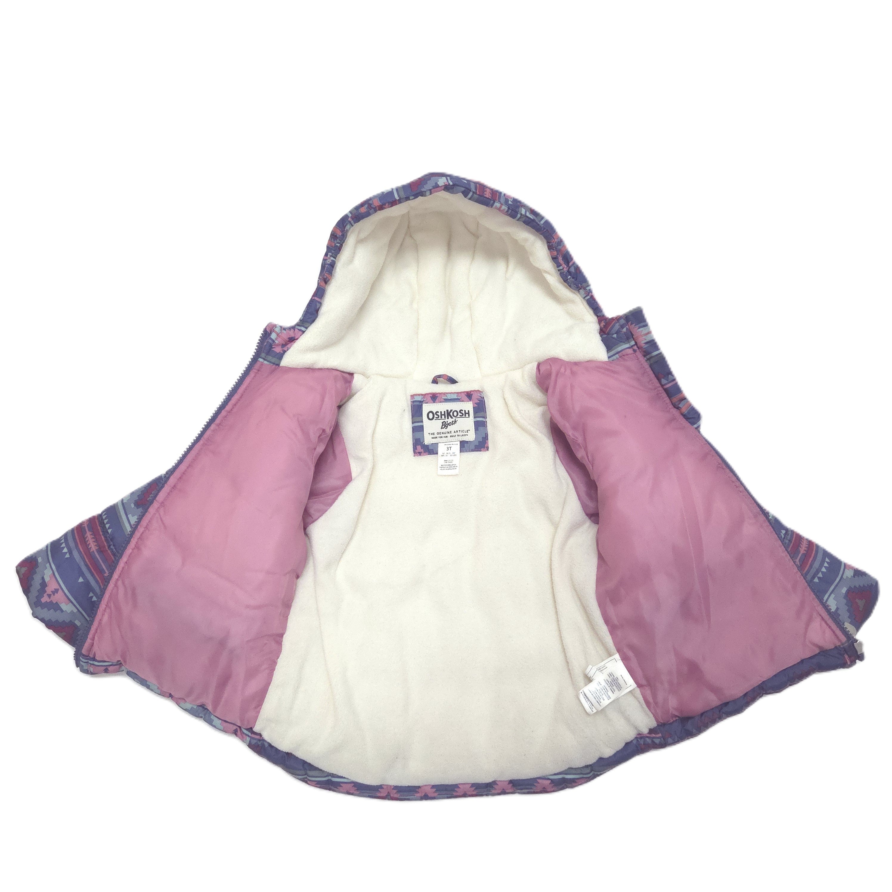 A winter jacket shown open against a white background, featuring a cream-colored fleece lining, dusty pink outer fabric, and a purple patterned trim.