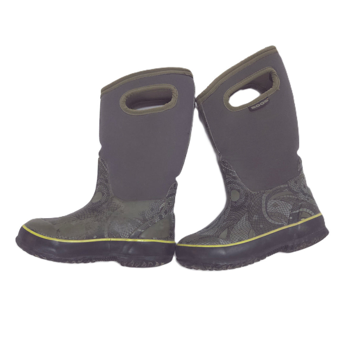 A pair of dark gray and olive green winter boots with a textured pattern on the lower section, a yellow accent line, and a black sole, shown against a plain white background.