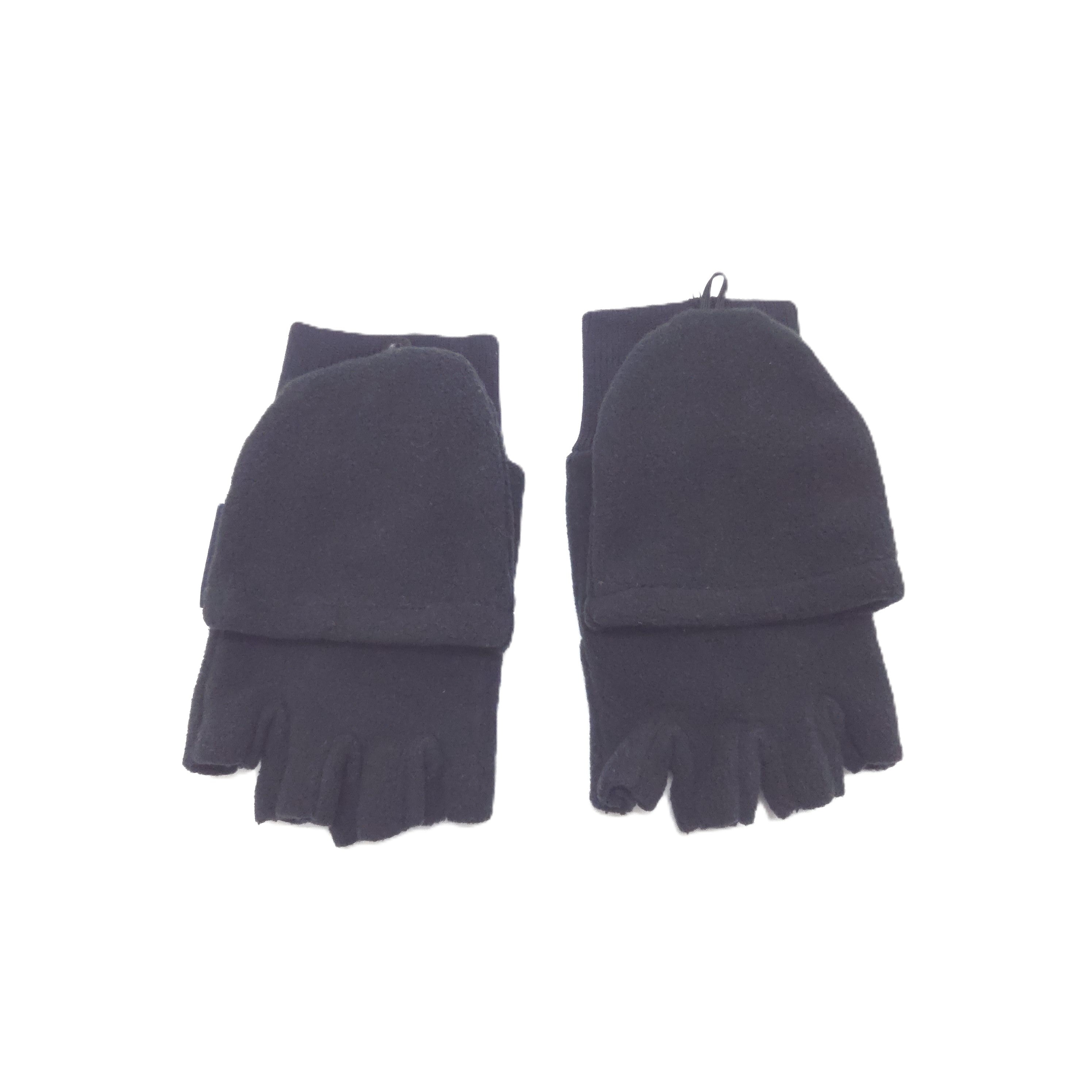 A pair of black fingerless fleece gloves with integrated flip over finger cover displayed flat against a plain white background.