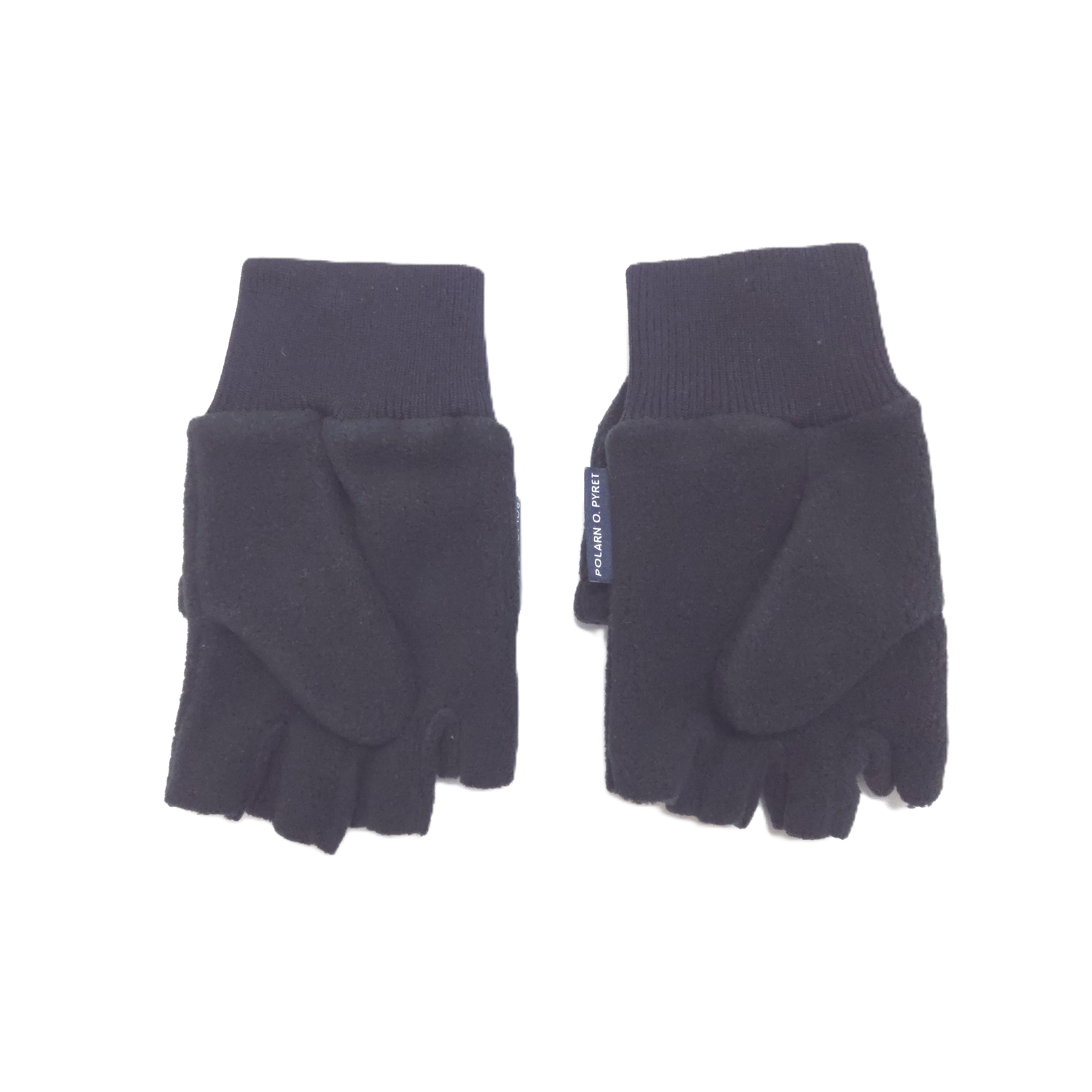 A pair of black fingerless fleece gloves with ribbed cuffs, displayed flat against a plain white background.