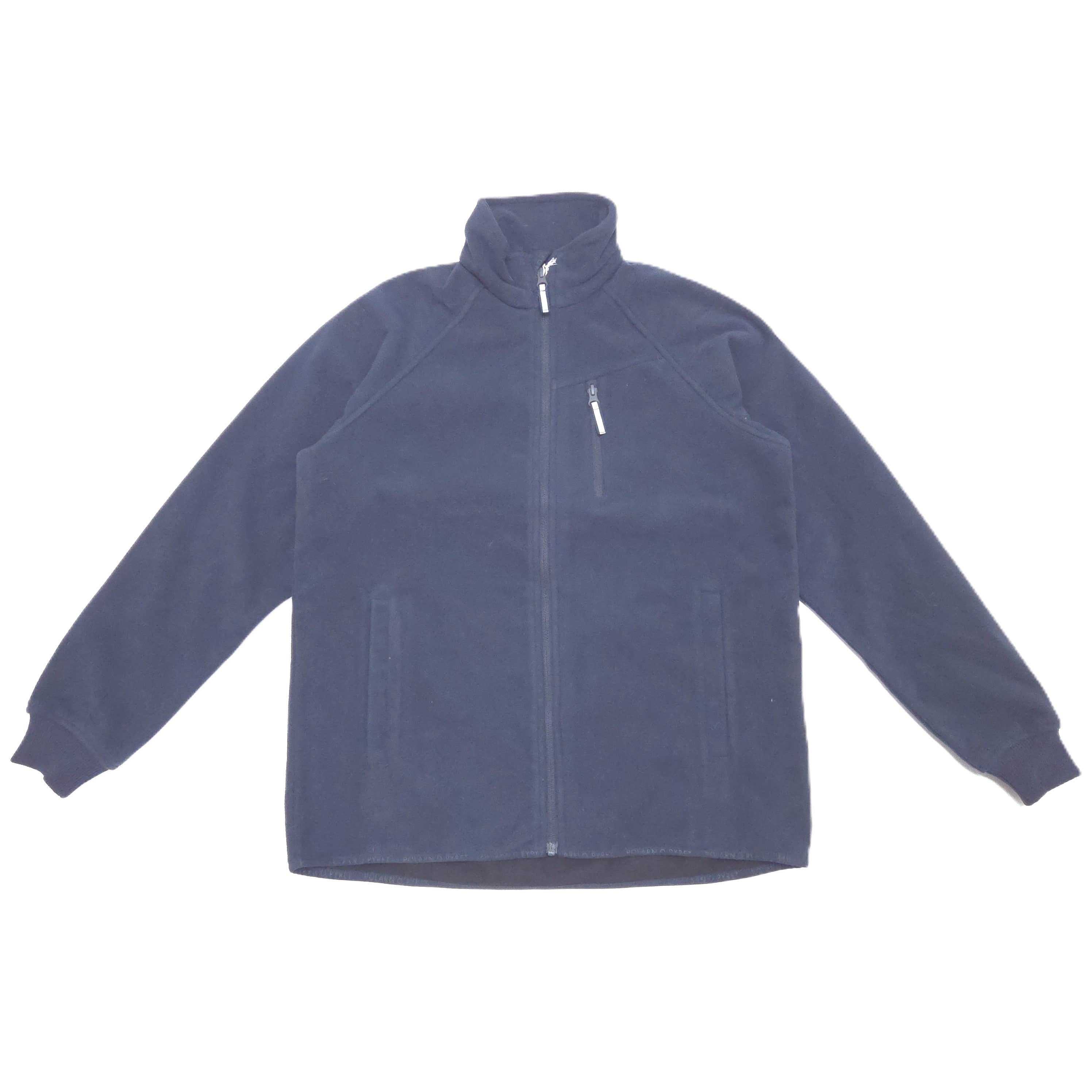 A navy blue zip-up wind fleece jacket with a stand-up collar and a vertical zip pocket on the left chest, laid flat against a white background.