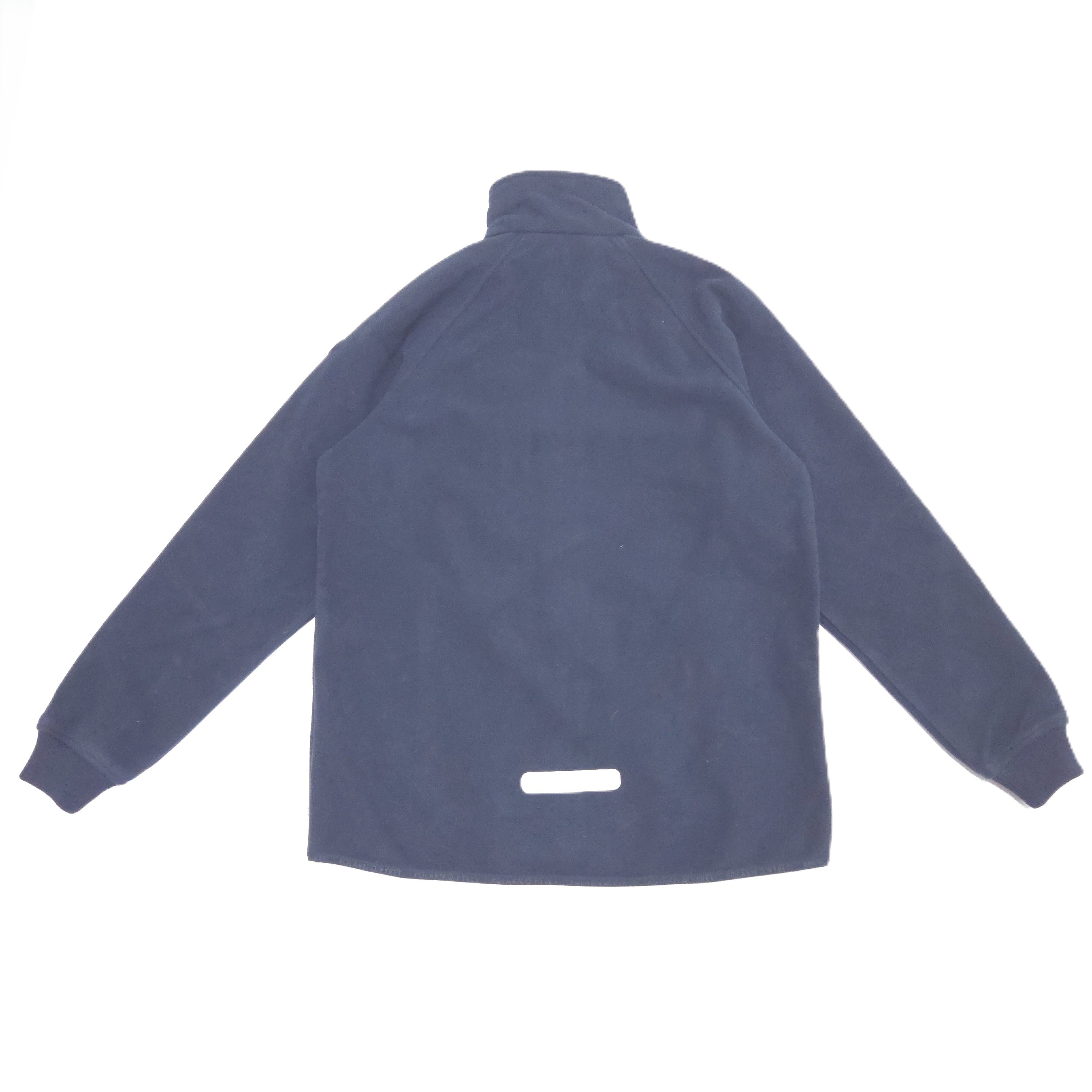 A navy long-sleeve fleece jacket with a mock neck collar, shown from the back on a plain white background.