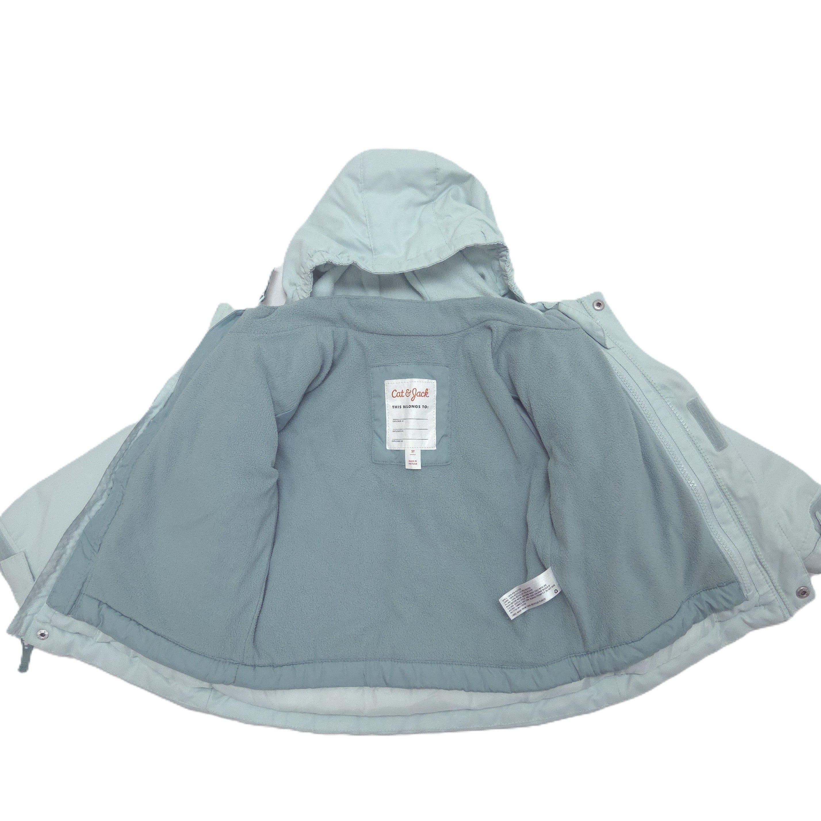 A light blue hooded winter jacket shown open against a plain white background, displaying its padded interior.