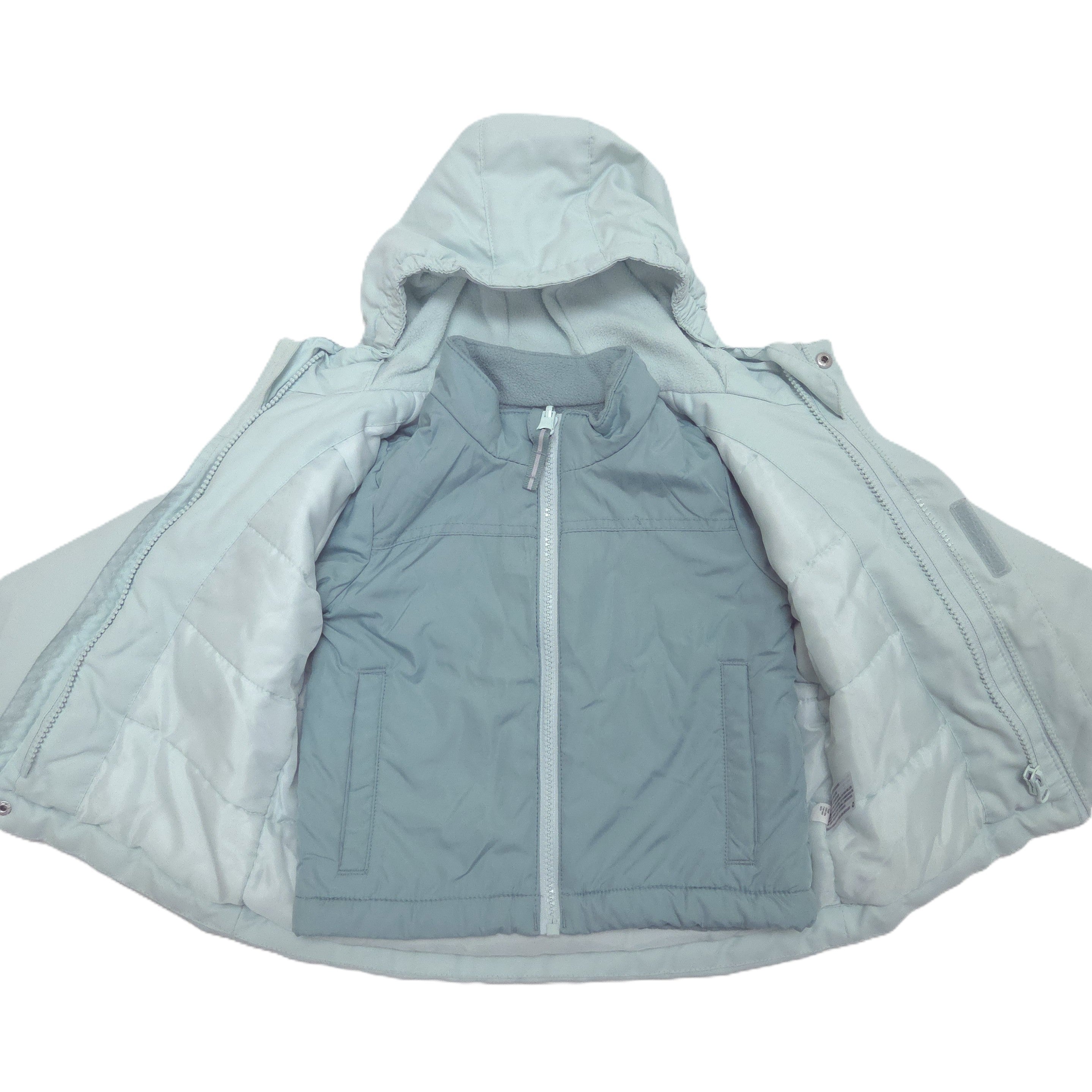 A light blue hooded jacket shown open, removable inner jacket, photographed on a plain white background.