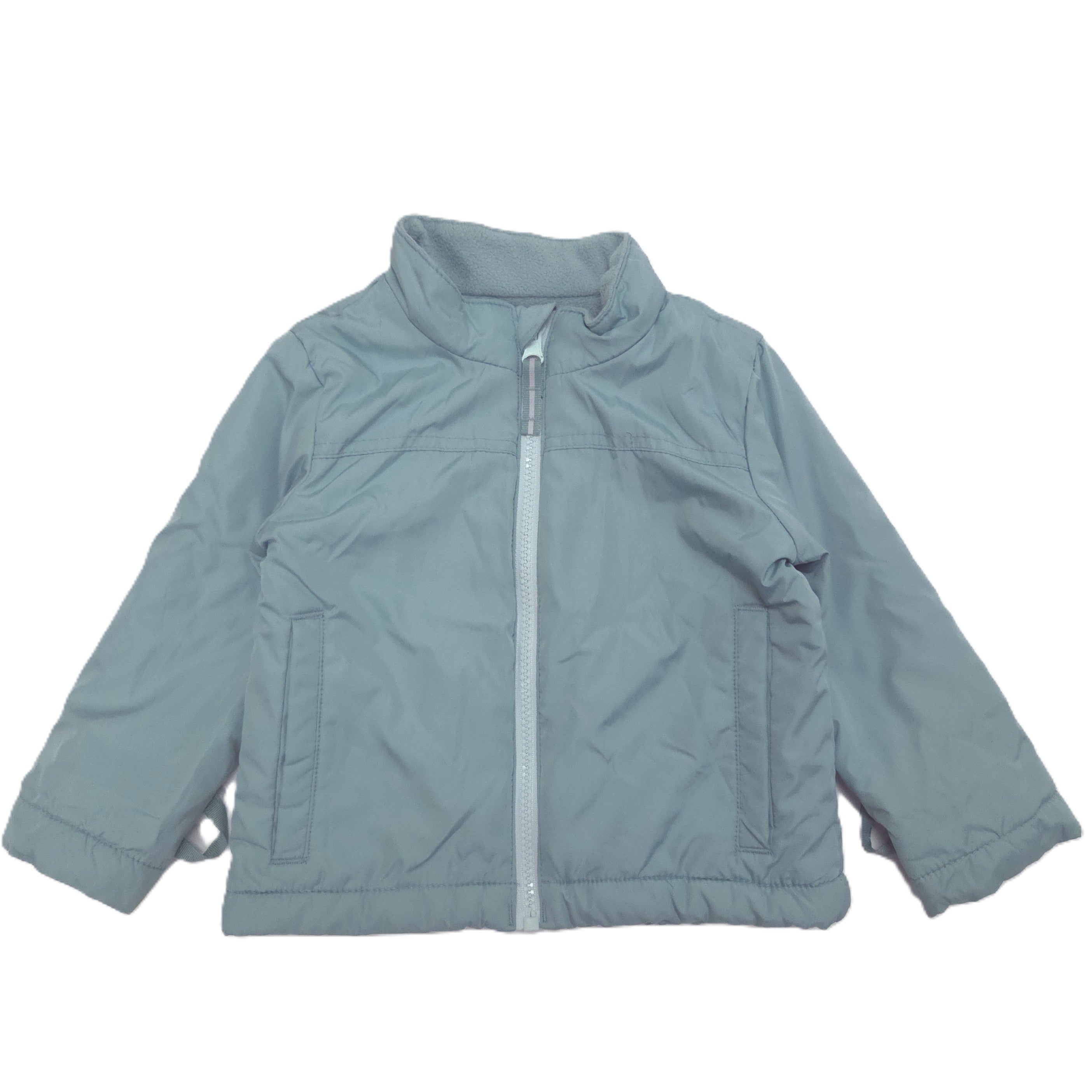 A removable inner light blue-gray zip-up jacket with a stand-up collar, laid flat against a white background.