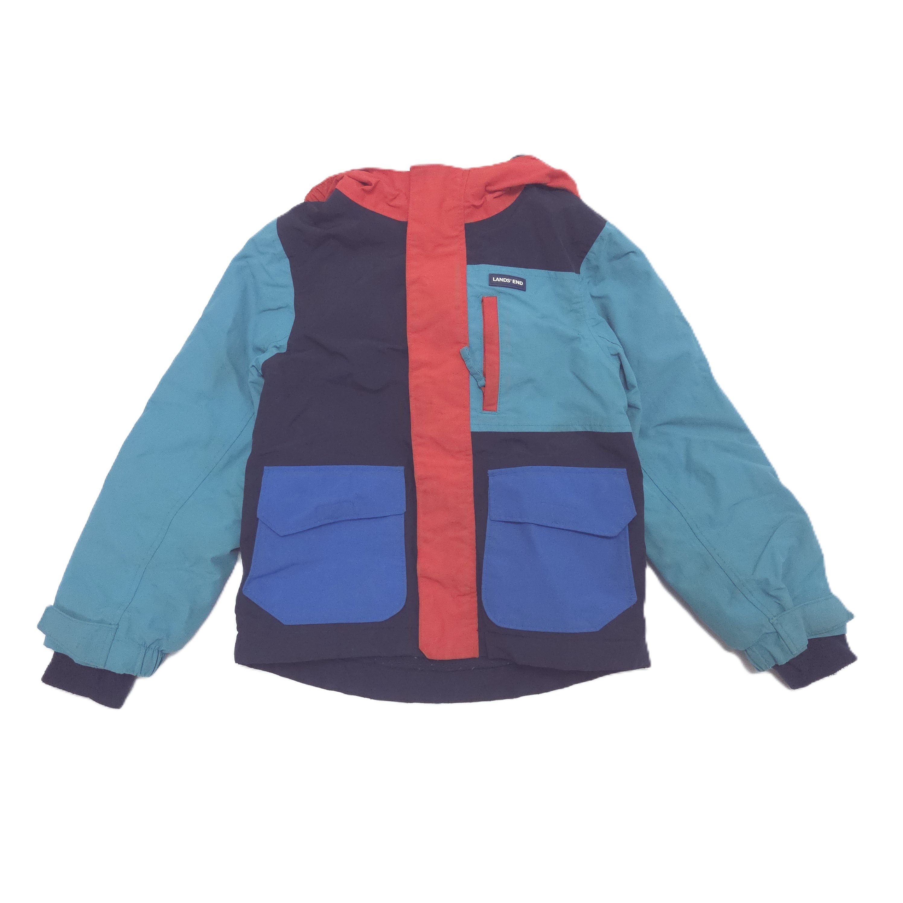 A color-blocked children's hooded jacket laid flat on a white background. The jacket features teal blue sleeves and upper chest, a dark navy lower body, a vertical red front placket, and blue front flap pockets.