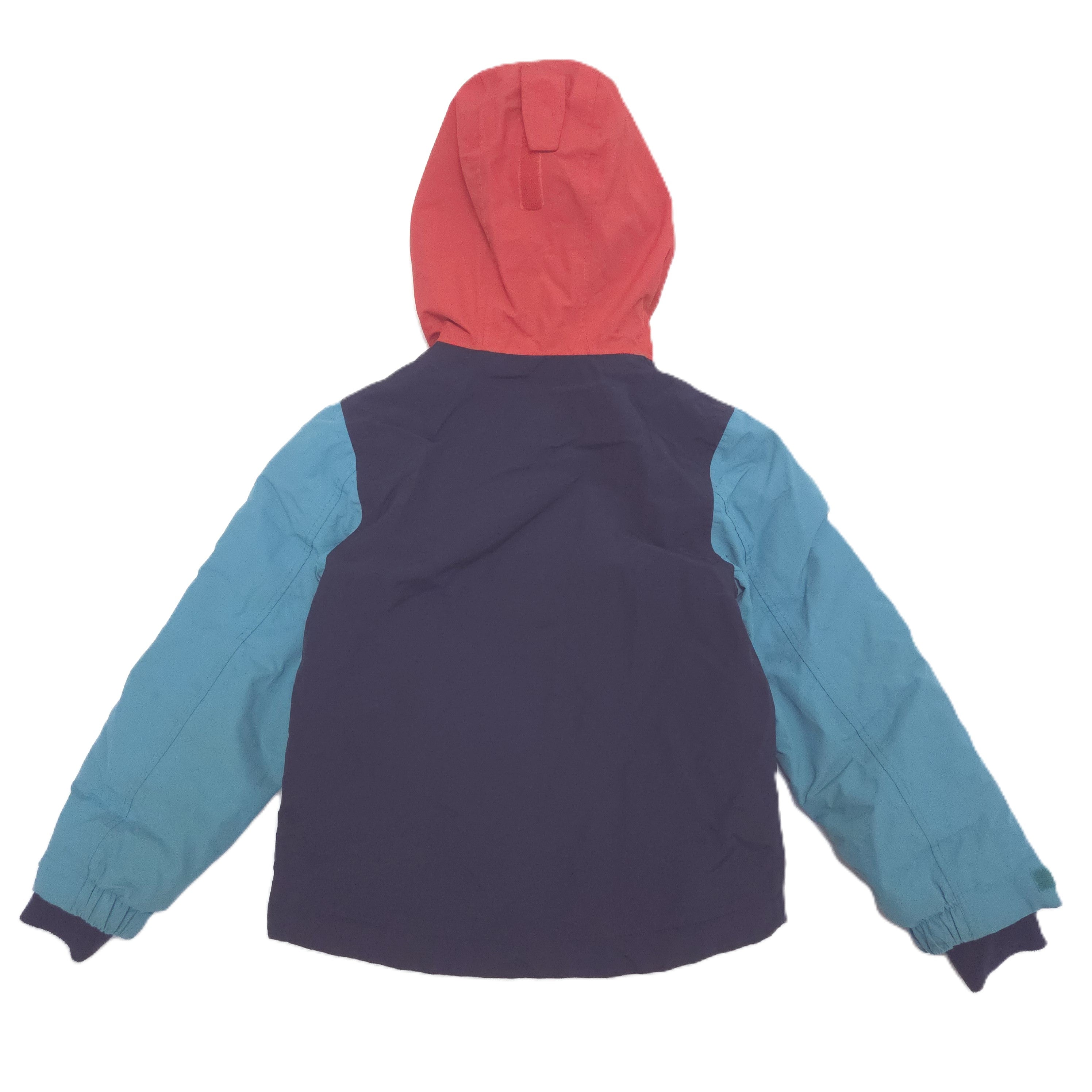 A children's hooded jacket shown from the back, featuring a red hood, a dark navy back panel, and light blue sleeves.