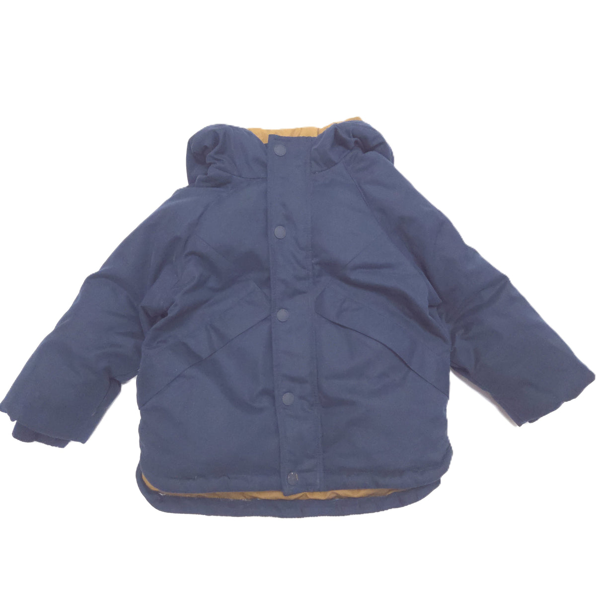A navy blue hooded puffer jacket with a tan lining, shown flat against a white background.
