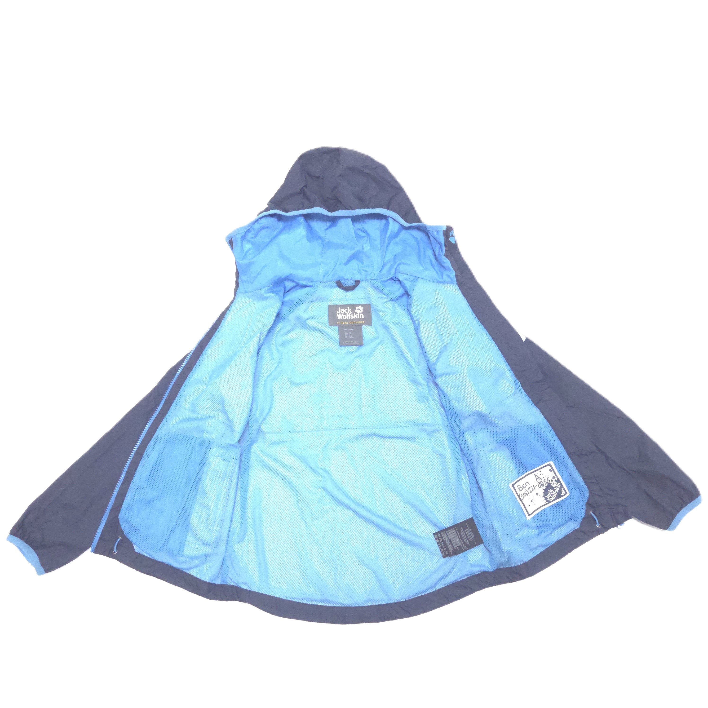 A dark navy hooded jacket laid flat against a white background, with the hood up and the front opening wide to show the interior lining mess lining.