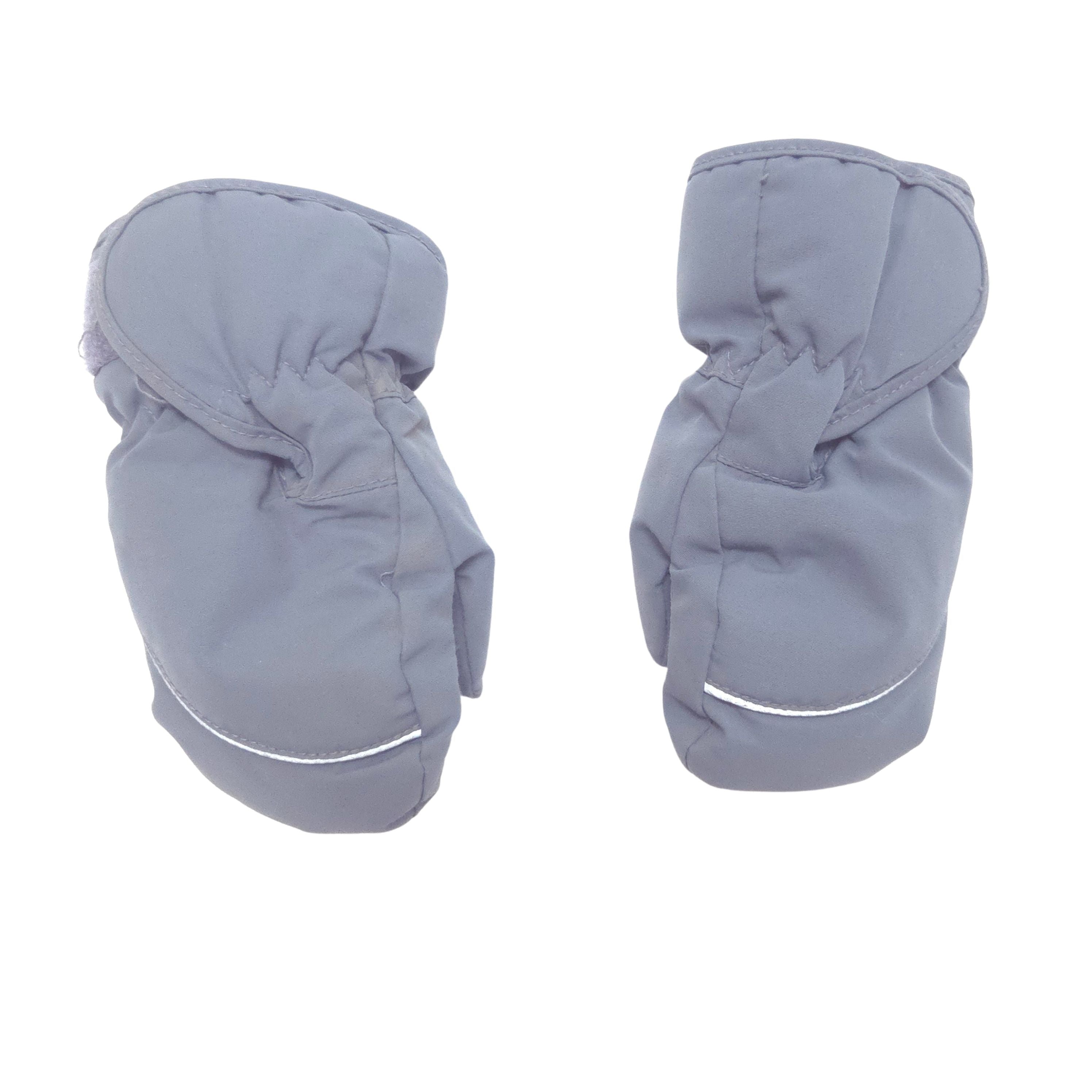 A pair of light gray insulated mittens shown flat against a solid white background.