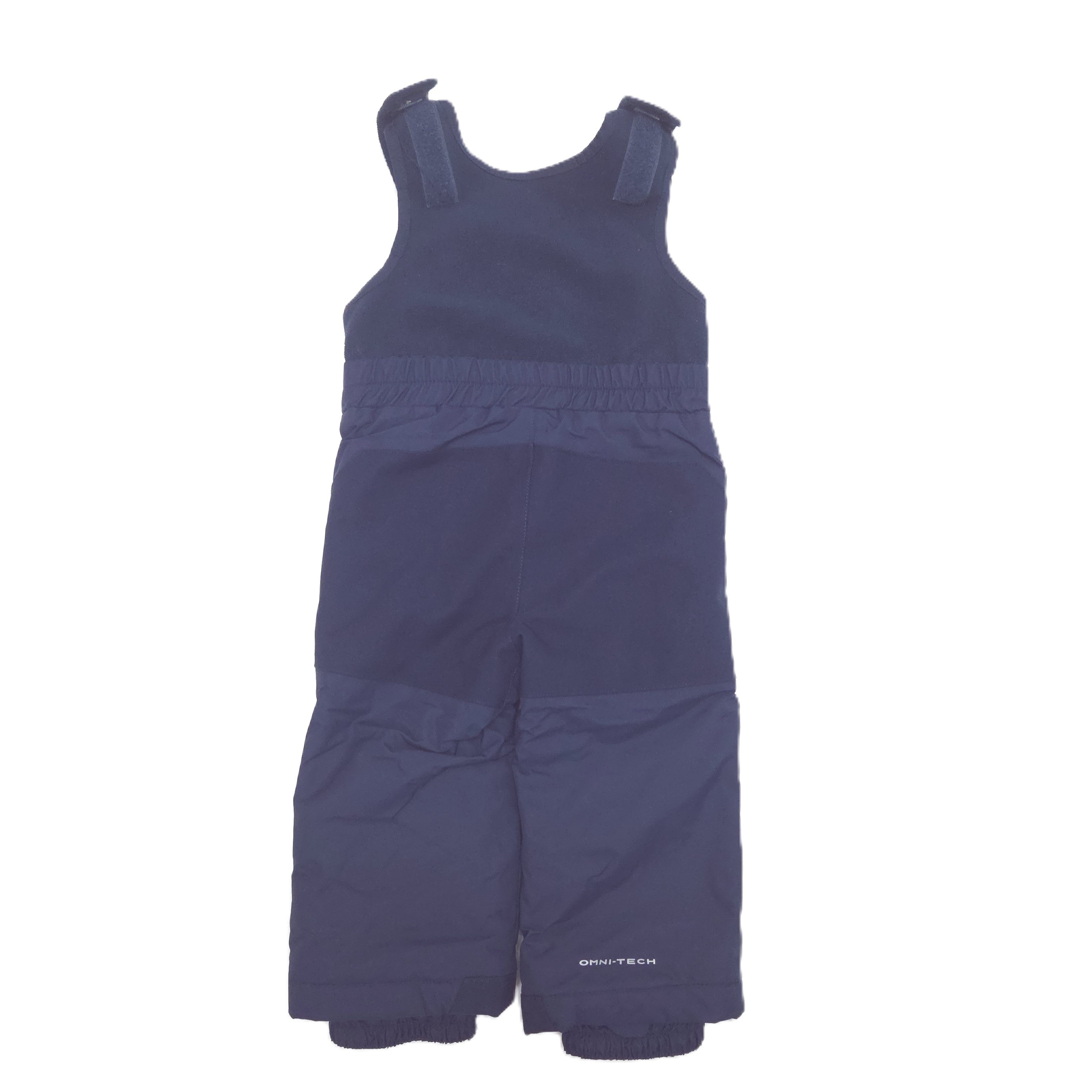 A dark navy blue sleeveless baby snow pants with an elastic waistband, photographed flat against a solid white background.