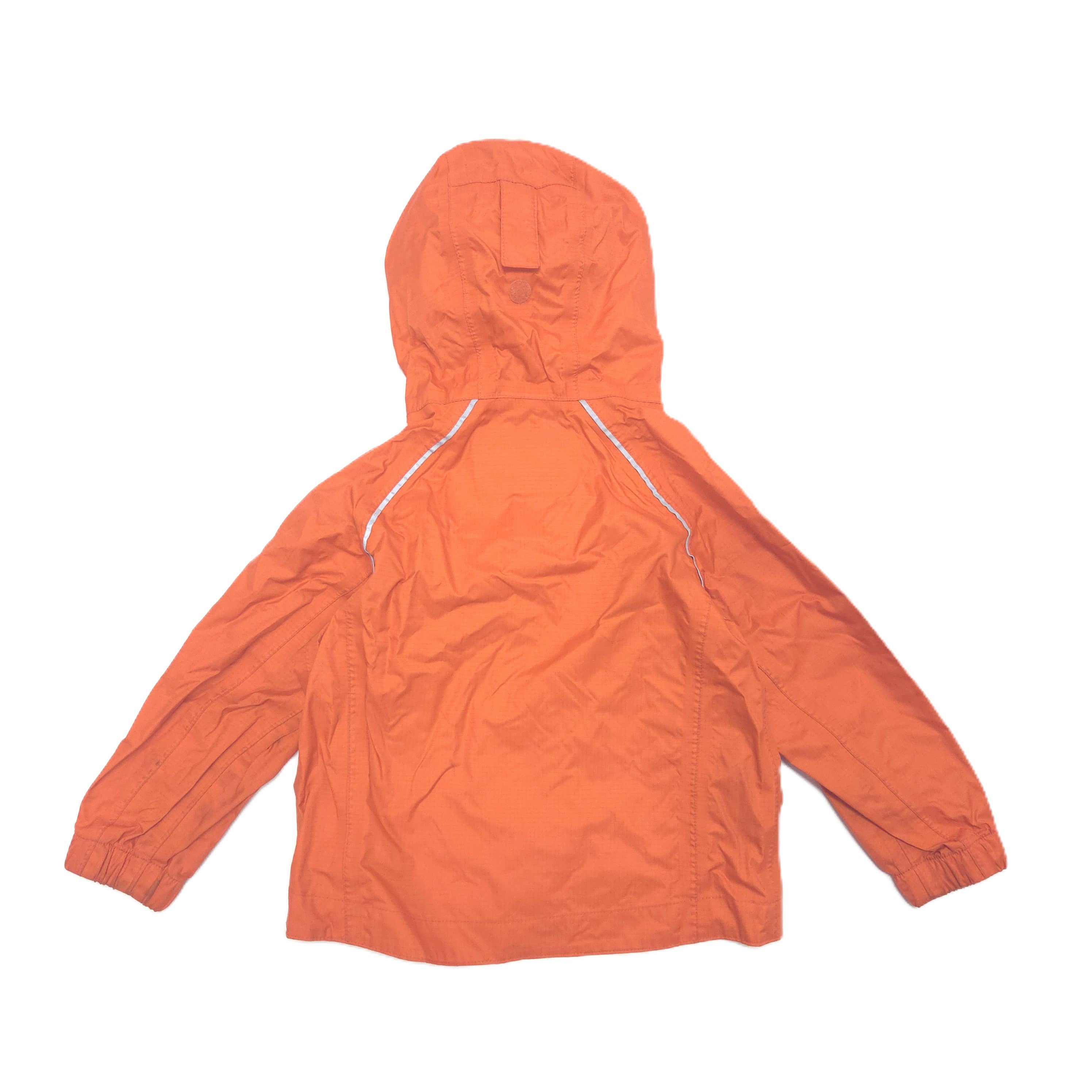 An orange hooded rain jacket shown flat against a solid white background.