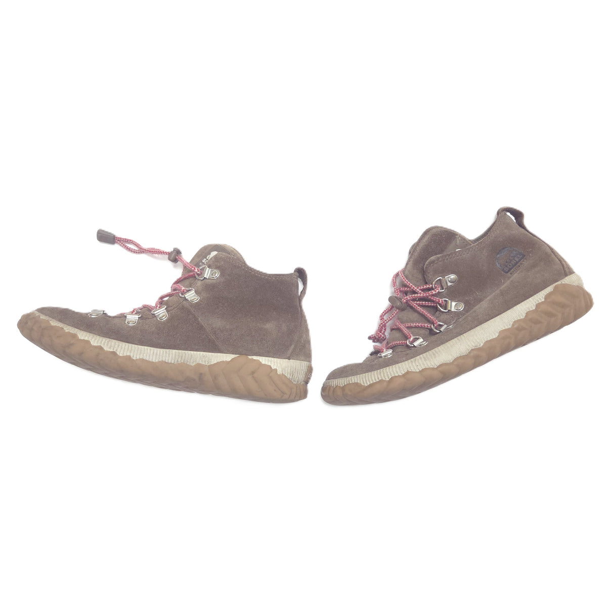 A pair of brown suede lace-up ankle boots with red laces and silver metal eyelets, shown against a plain white background.