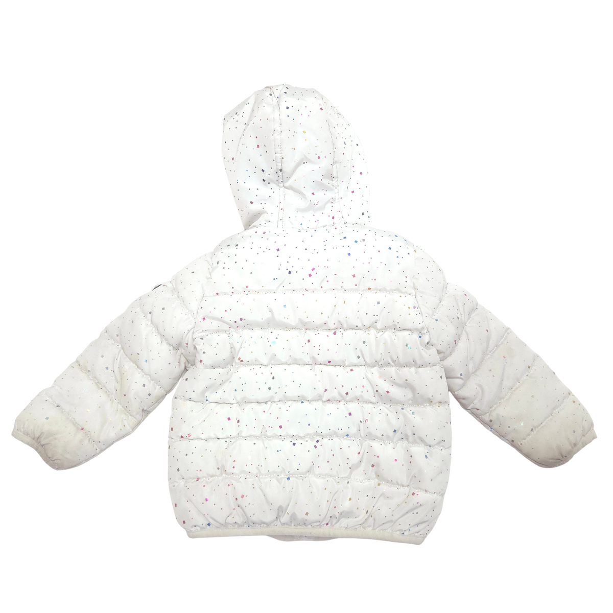 A white hooded puffer jacket with colorful confetti speckles, shown from the back against a plain white background.