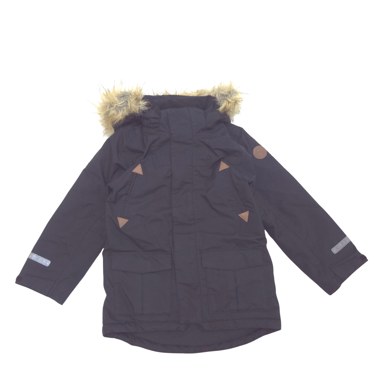 A black winter parka jacket with a faux-fur trimmed hood, multiple front pockets, reflective details on the sleeves, and small brown geometric accents on the front, shown against a plain white background.