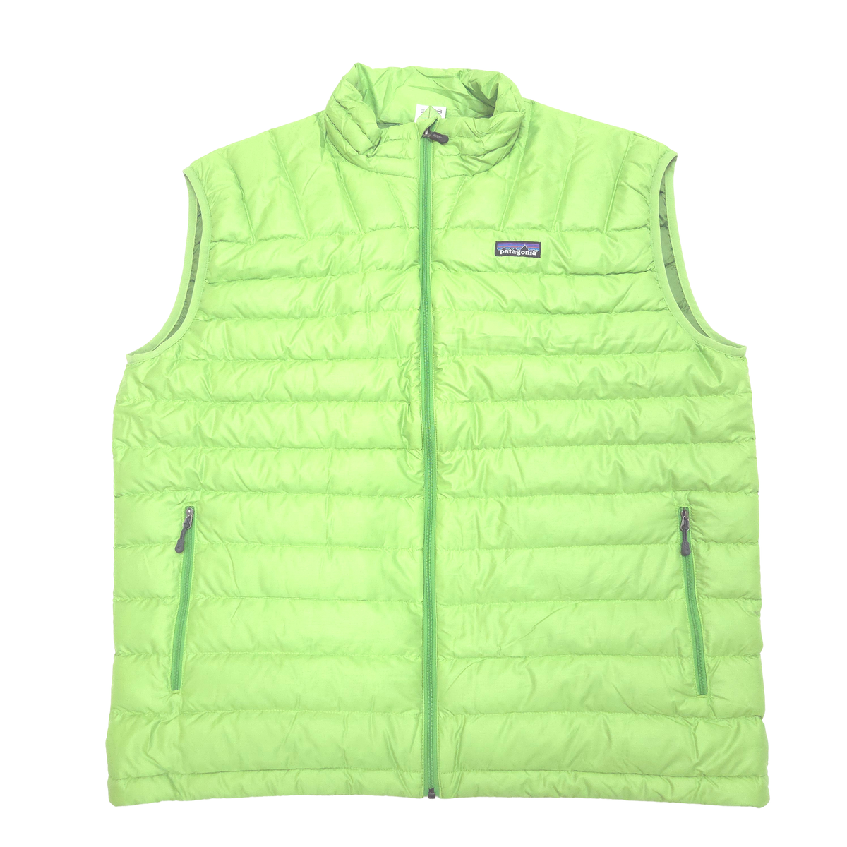 A bright lime green Patagonia puffer vest with a full-zip front, stand-up collar, and zippered hand pockets, shown flat against a white background.