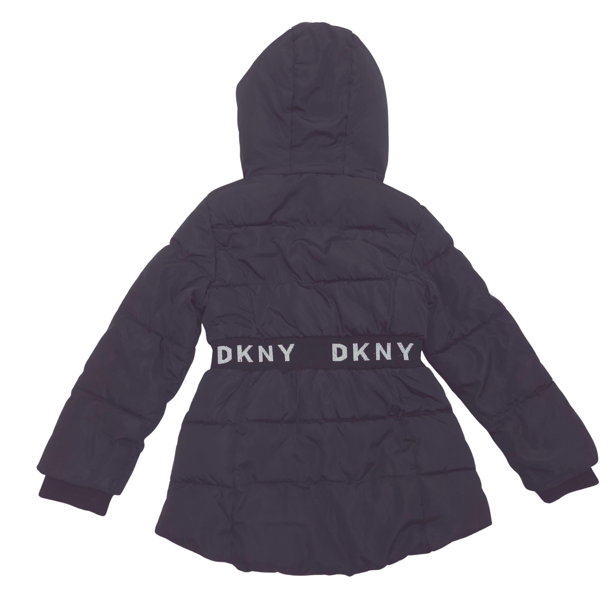 A black hooded puffer jacket shown from the back, featuring a black waist belt with 'DKNY' printed in white across the center.
