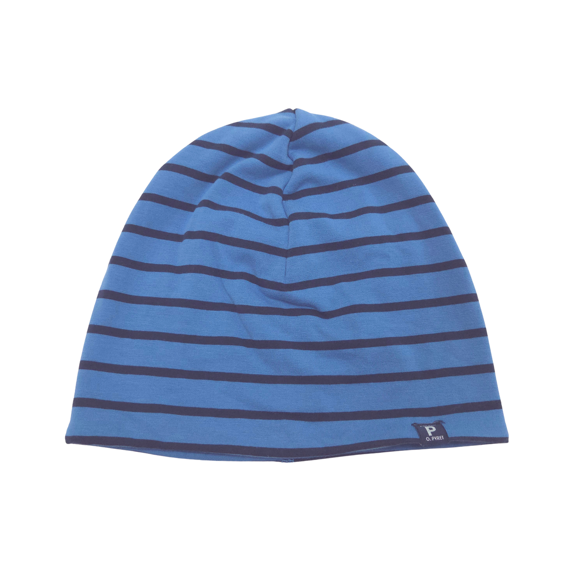A blue and navy striped knit beanie hat with a fleece lining and small brand tag on the lower right edge, shown against a plain white background.