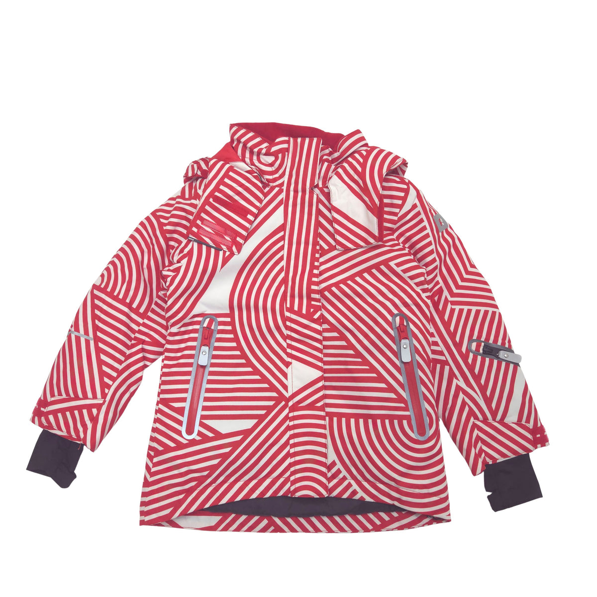 A children's hooded ski jacket featuring a bold red and white wavy stripe pattern, with black cuffs with thumb hole.