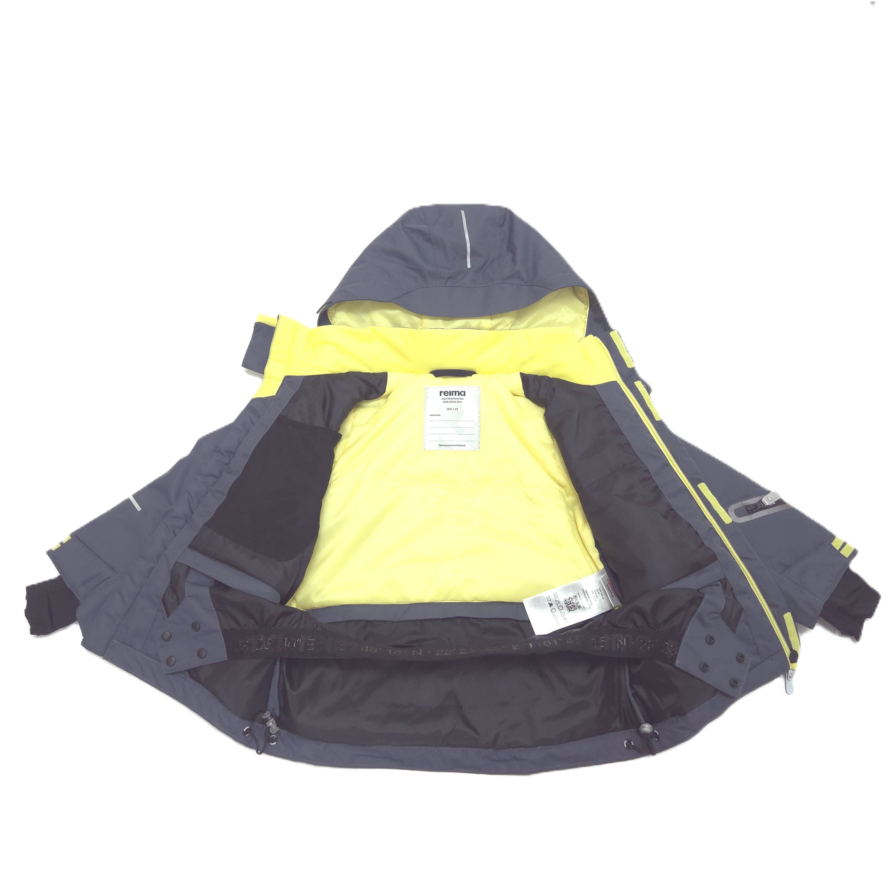 A dark gray hooded jacket with a bright yellow interior lining, shown open against a plain white background.
