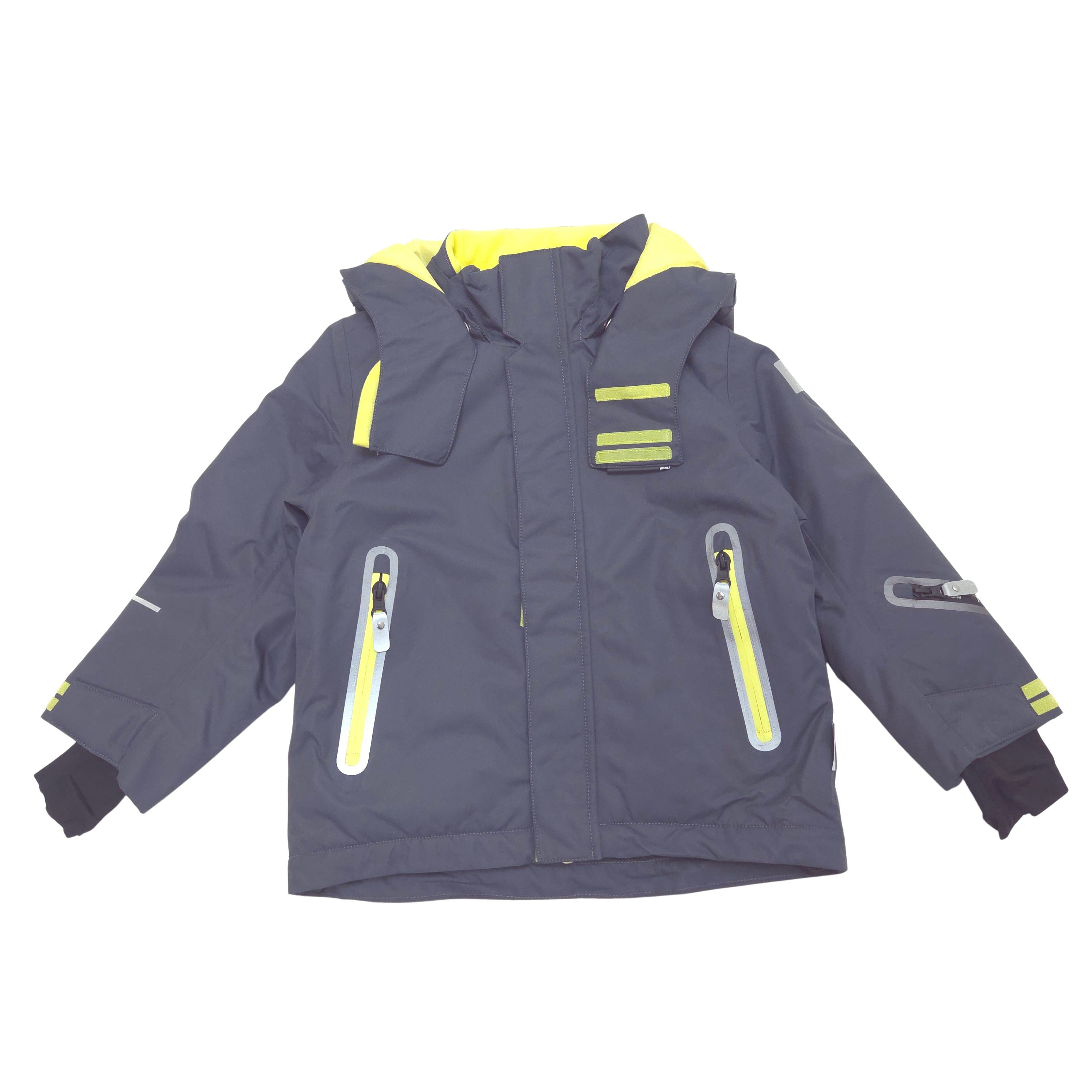 A dark gray hooded winter jacket with bright yellow accents on the hood lining, zippers, displayed flat against a white background.