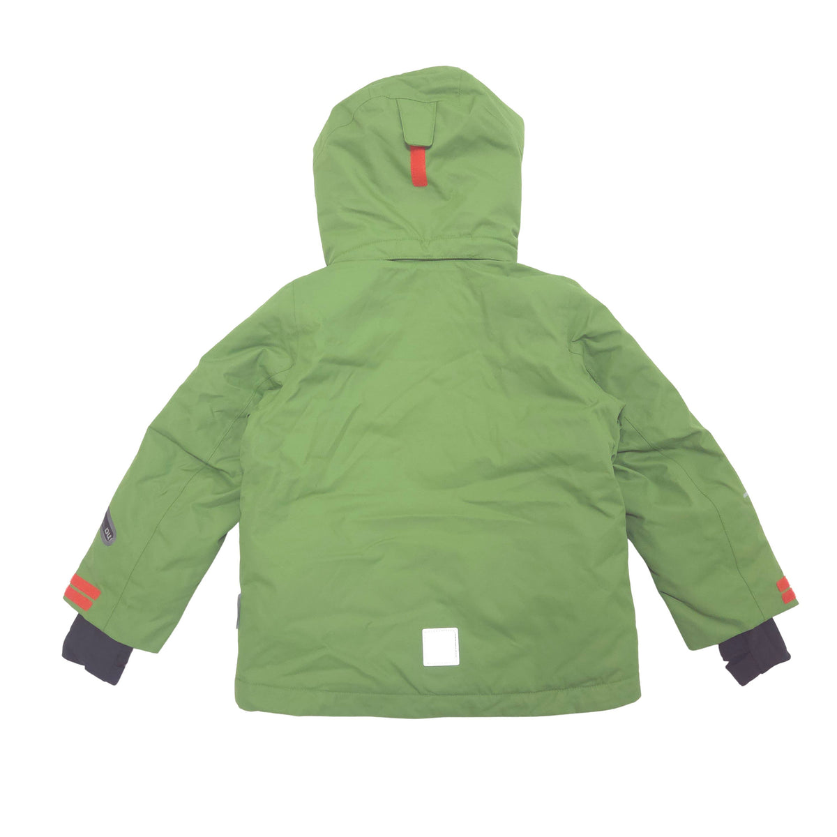 A green hooded ski jacket shown from the back, set against a plain white background.