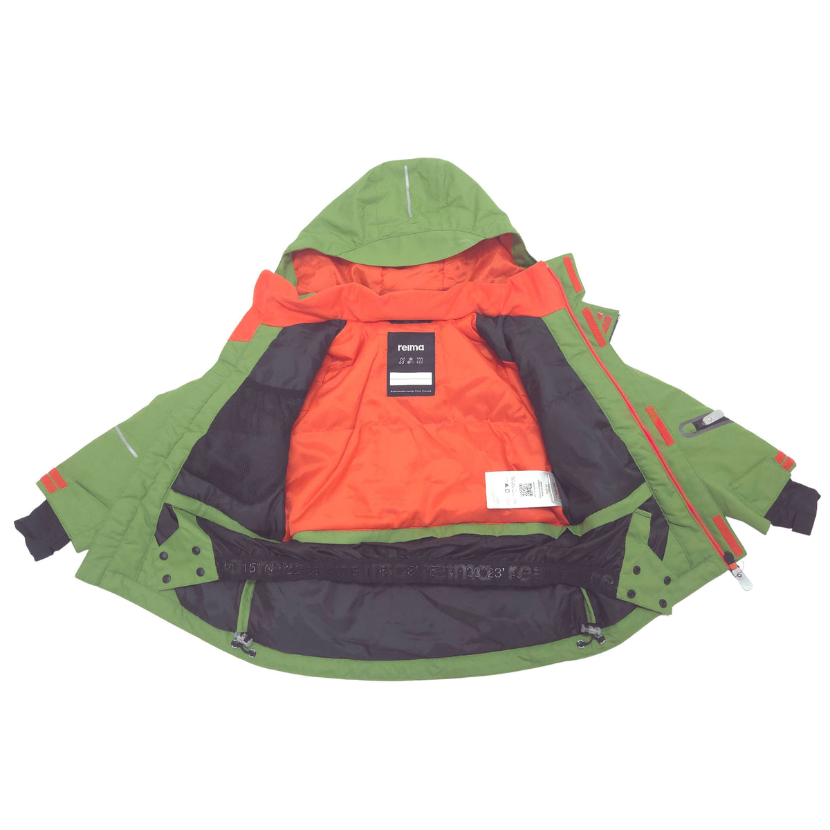 A hooded winter jacket shown open against a plain white background, with an olive green outer shell, a bright orange inner lining.