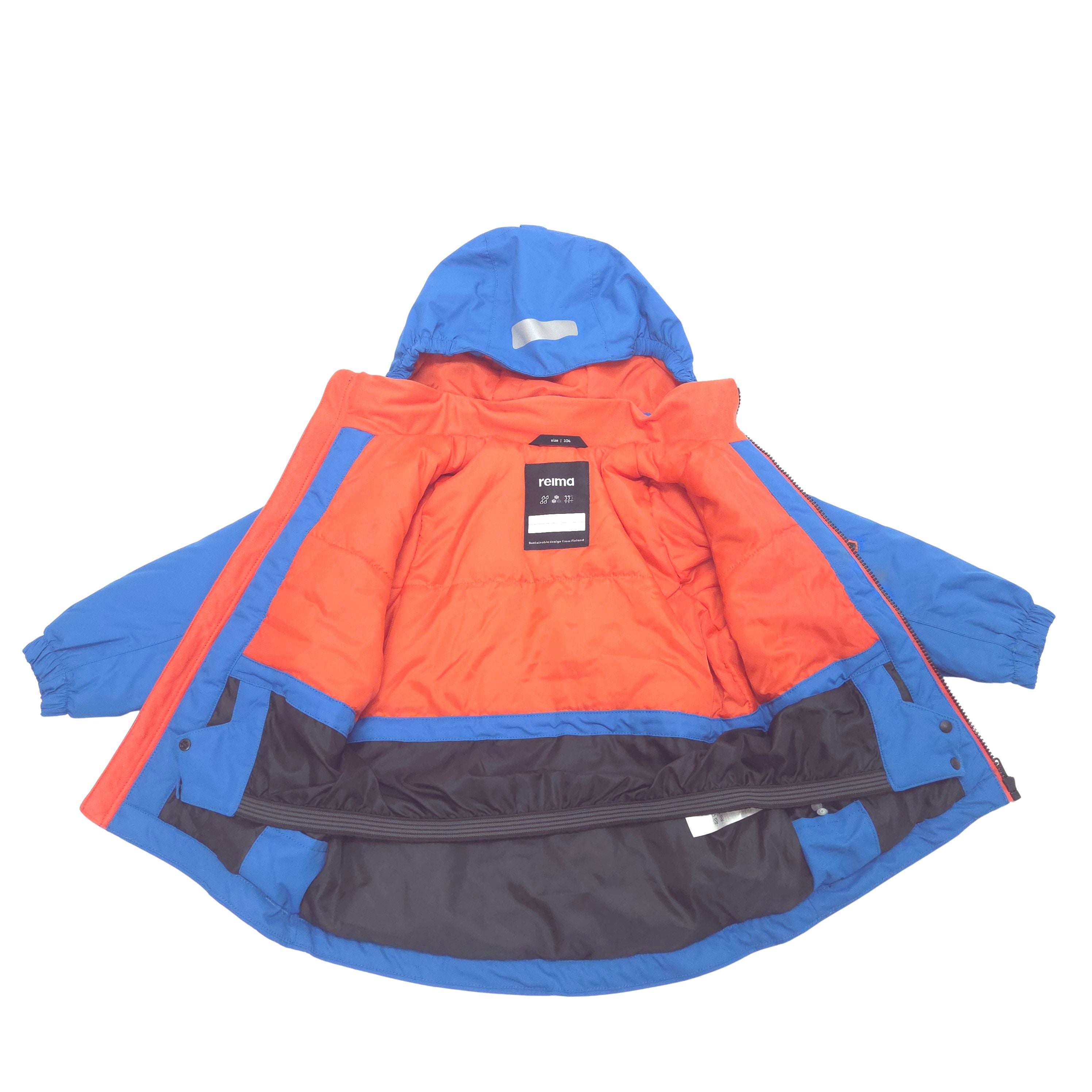 A hooded ski jacket shown open, featuring a bright blue outer shell, a orange inner lining