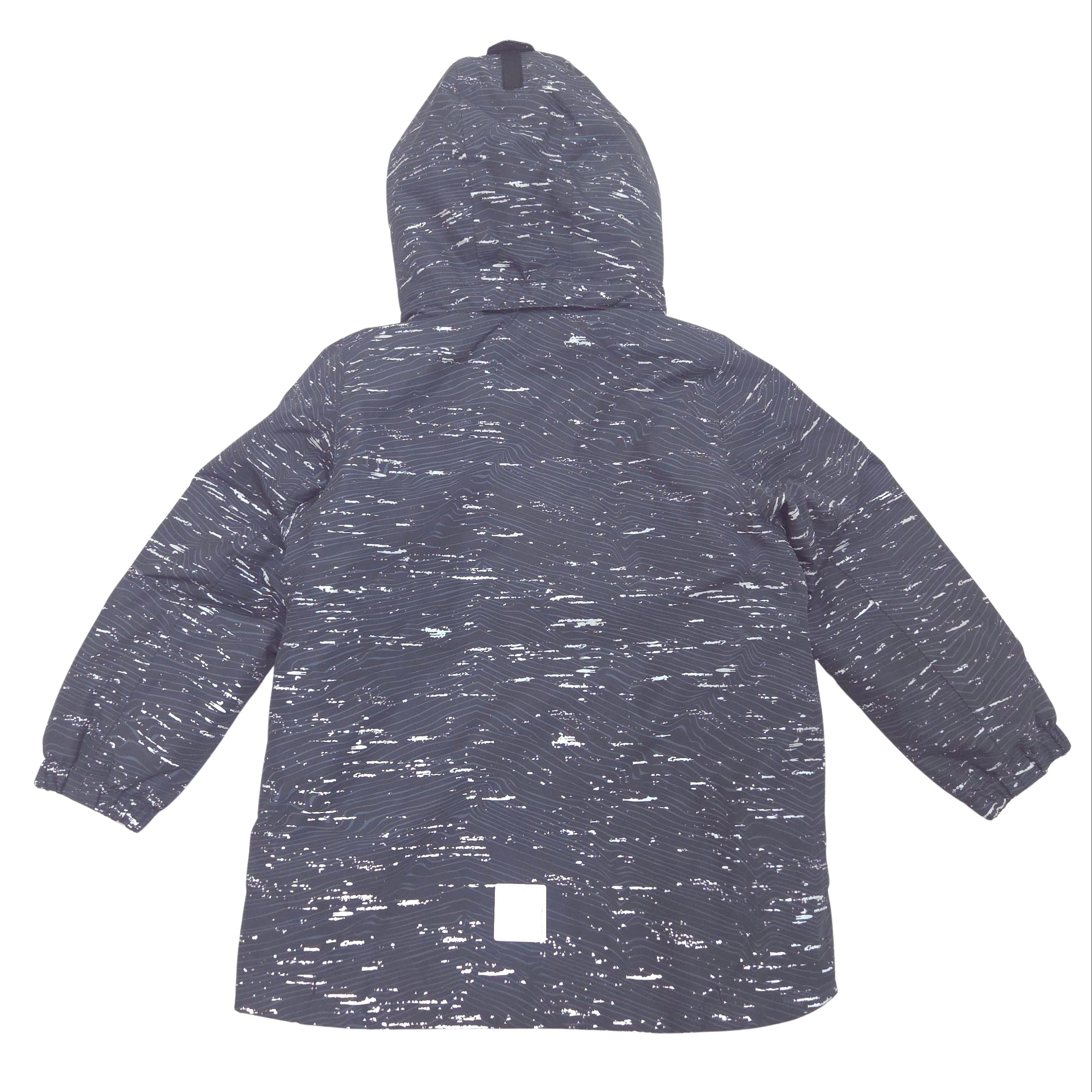 A hooded winter jacket with a reflective heathered pattern