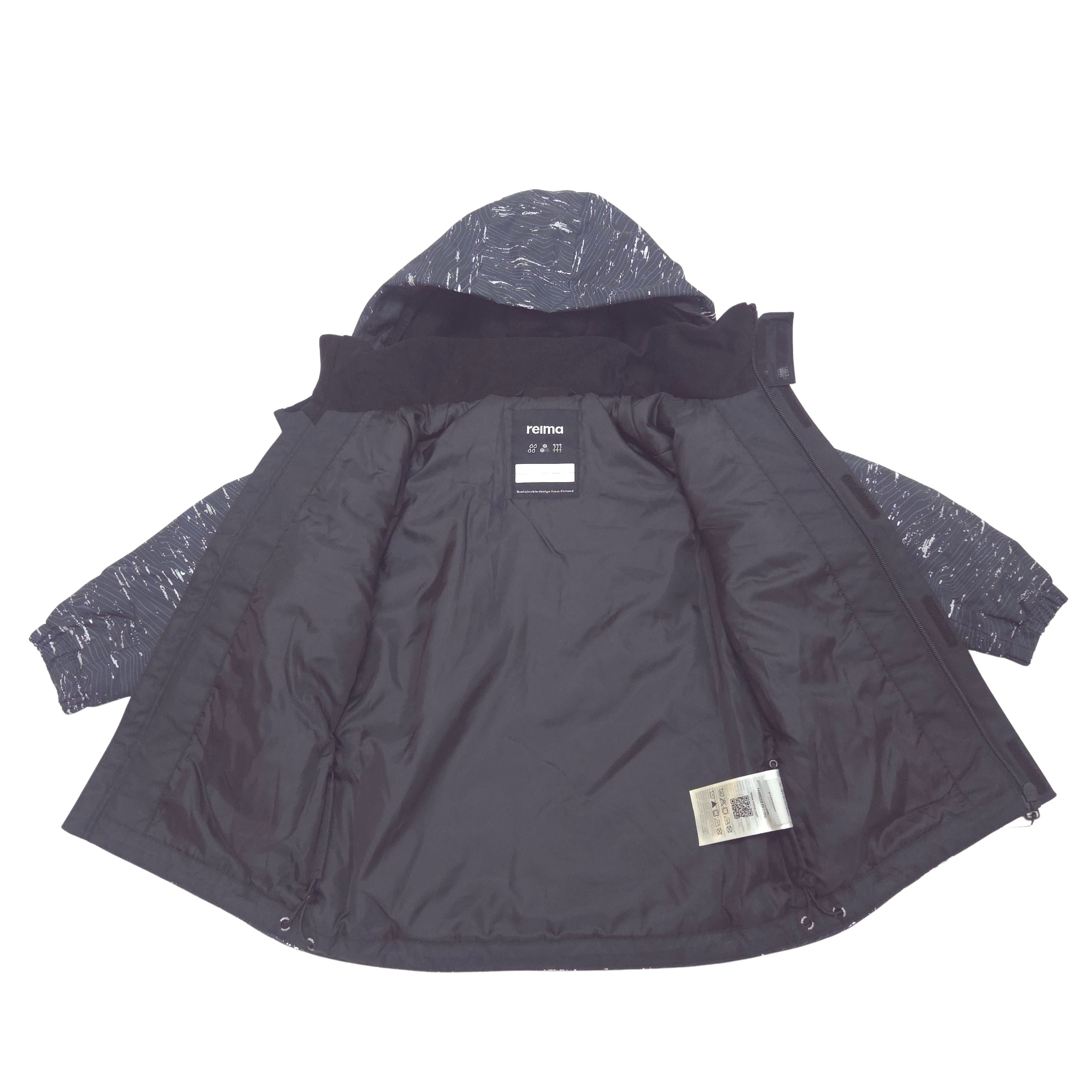 A hooded winter jacket with a reflective heathered pattern open