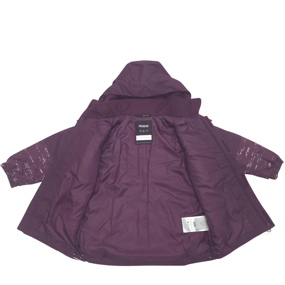 A hooded children's winter jacket in a deep plum purple color open