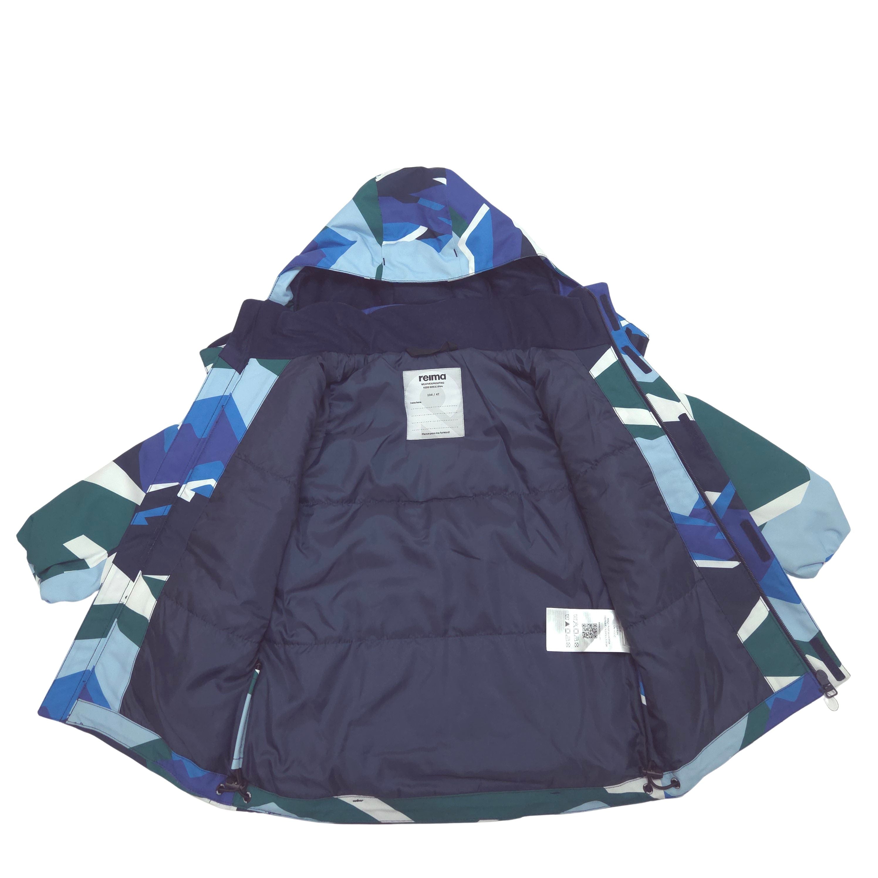 A hooded winter jacket laid flat on a white background, showing a dark navy blue lining.