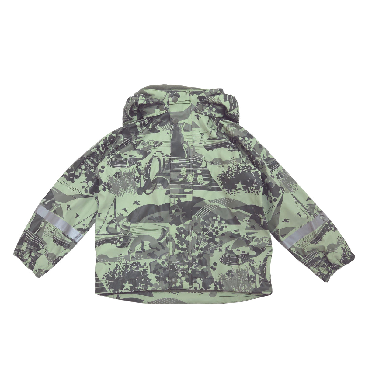 A hooded rain jacket with a light sage green base and a dark gray whimsical animal and landscape print, featuring reflective silver stripes on the sleeves, shown against a plain white background.
