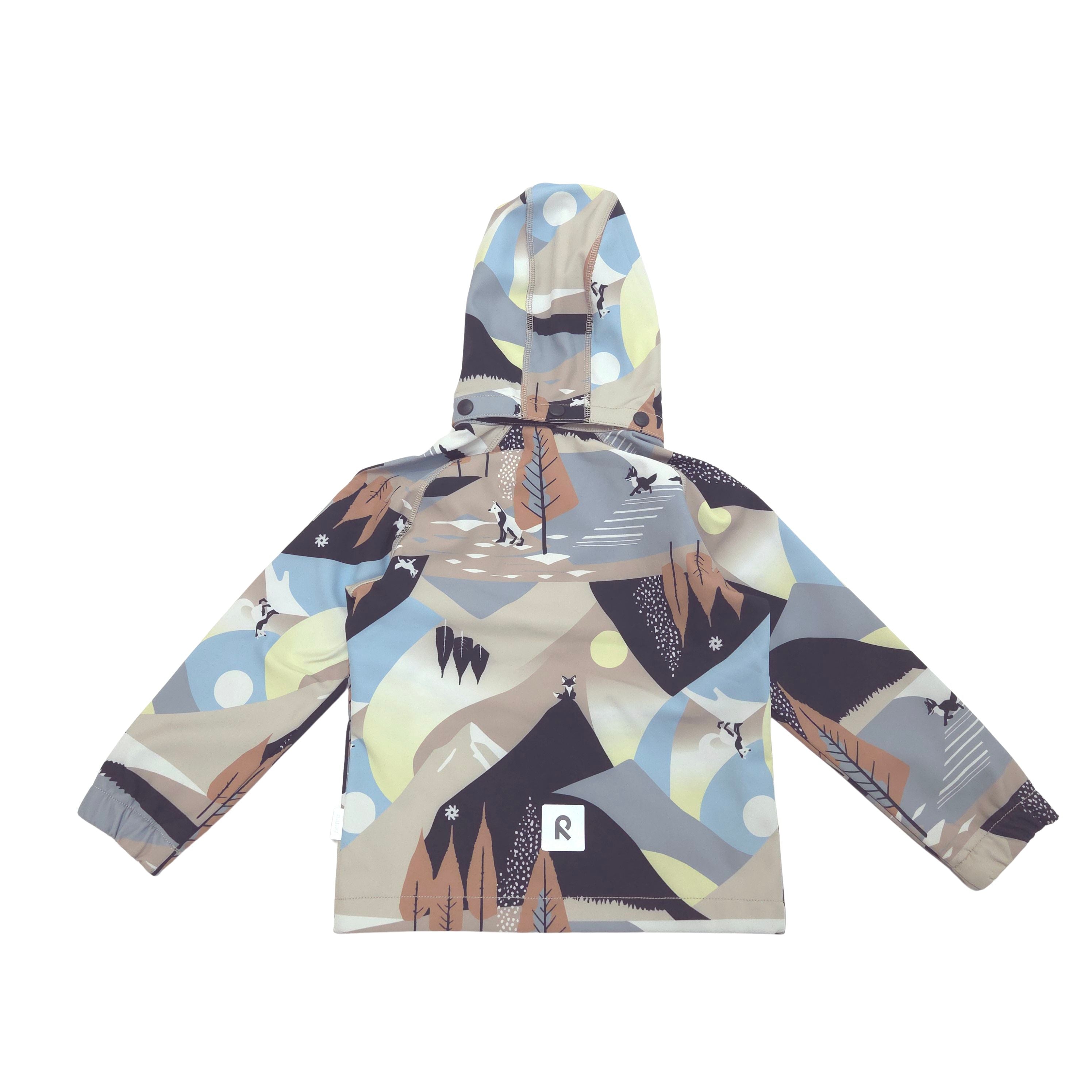 A hooded softshell jacket with an all-over abstract mountain and landscape print in muted beige, blue, brown, gray, and pale yellow tones, shown flat against a white background.