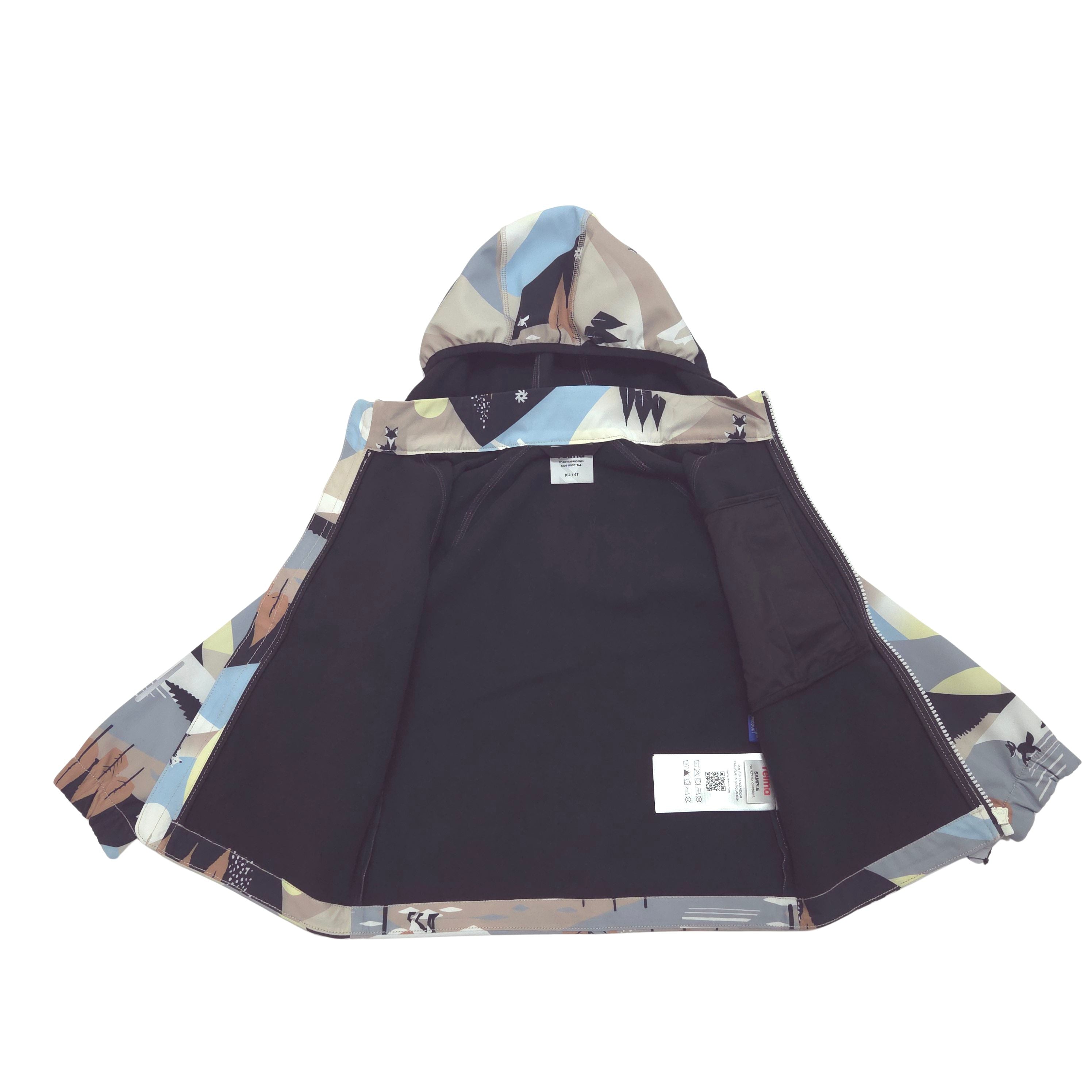 A hooded jacket laid flat on a white background, featuring a solid black lining.
