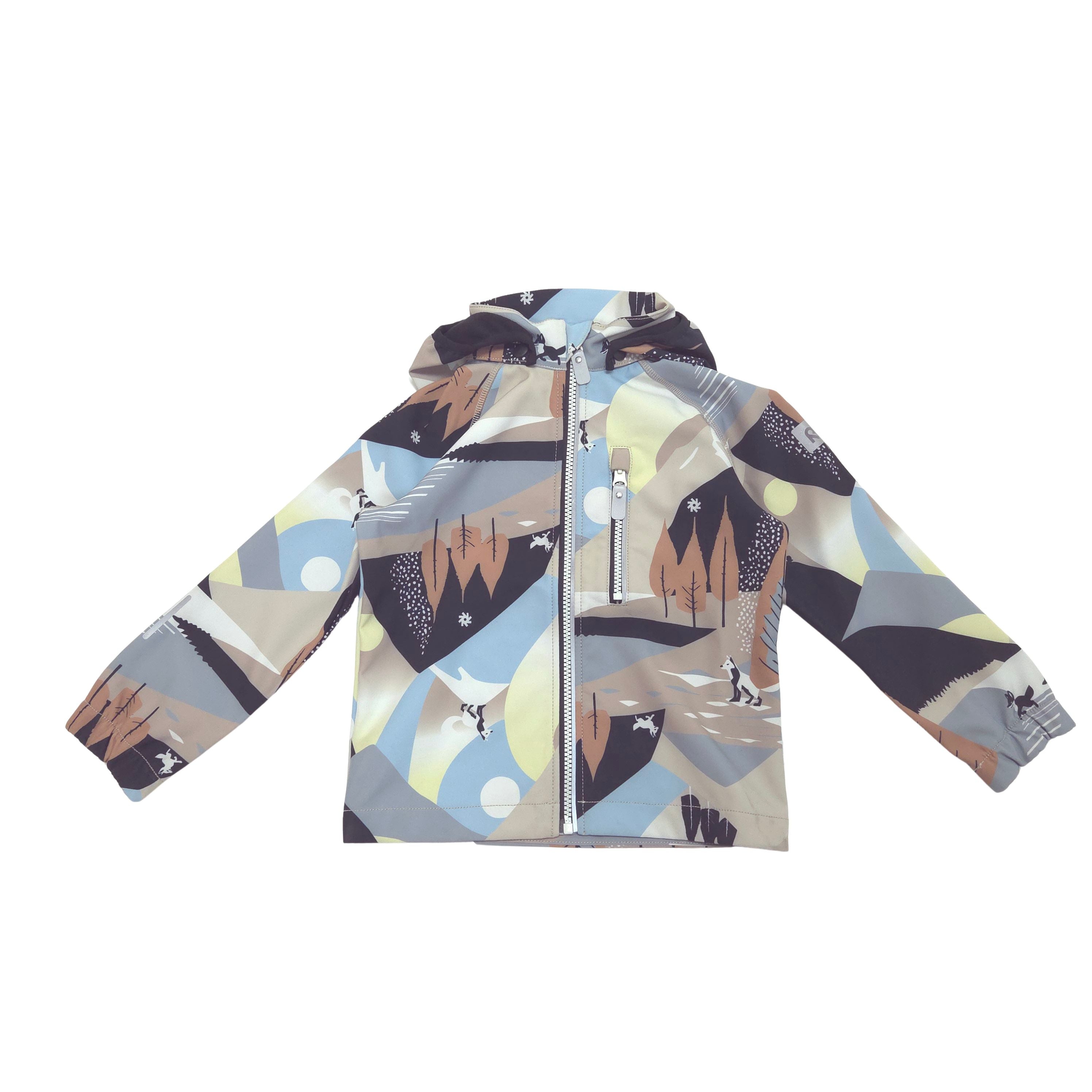 A hooded softshell zip-up jacket with a colorful abstract geometric pattern featuring mountain motifs, shown flat against a white background.
