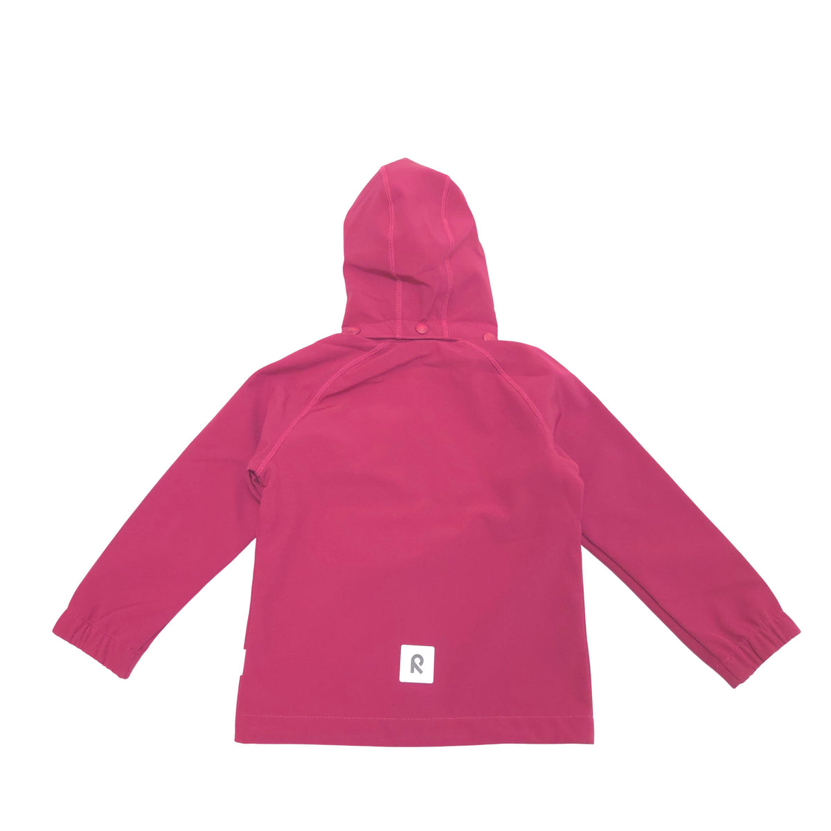 A pink softshell hooded jacket shown from the back, featuring long raglan sleeves and a small white square patch with a letter 'R' near the bottom hem, set against a plain white background.