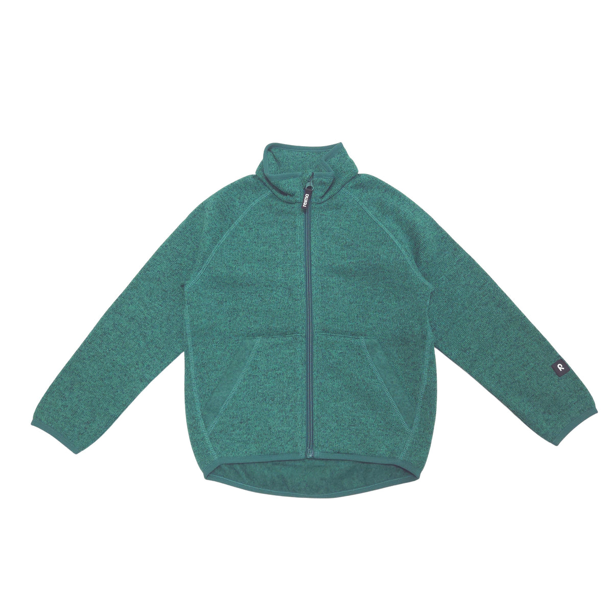 A kids' teal green heathered fleece zip-up jacket with a stand-up collar, front zipper, and two front pockets, shown flat on a white background.