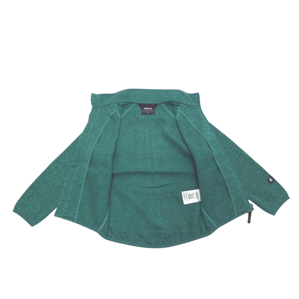 A green fleece jacket laid flat against a white background, showing its interior lining, collar, and a small brand tag on the sleeve.