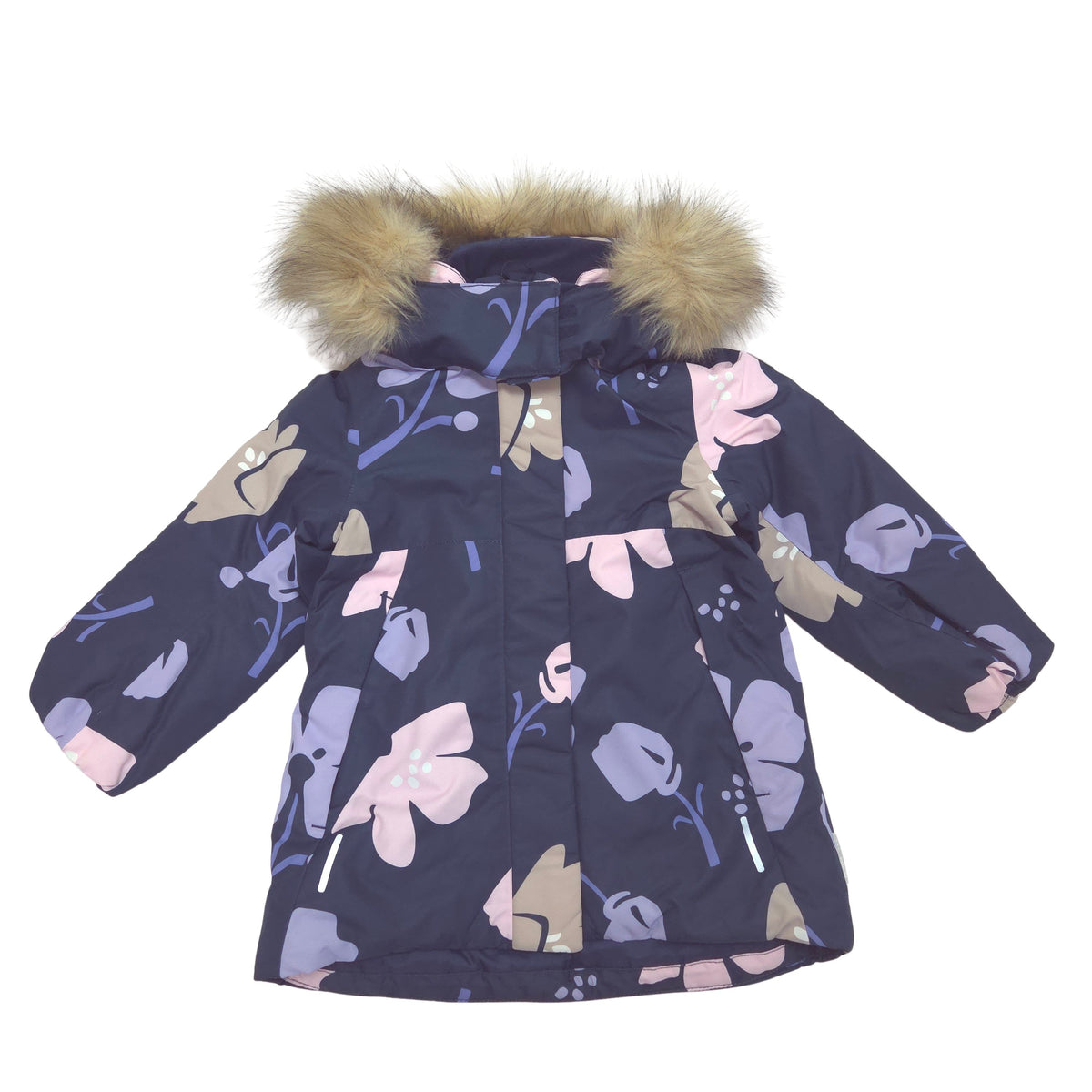 A children's winter parka jacket in navy blue with a floral pattern in pink, purple, and beige, featuring a faux fur trimmed hood, shown against a plain white background.